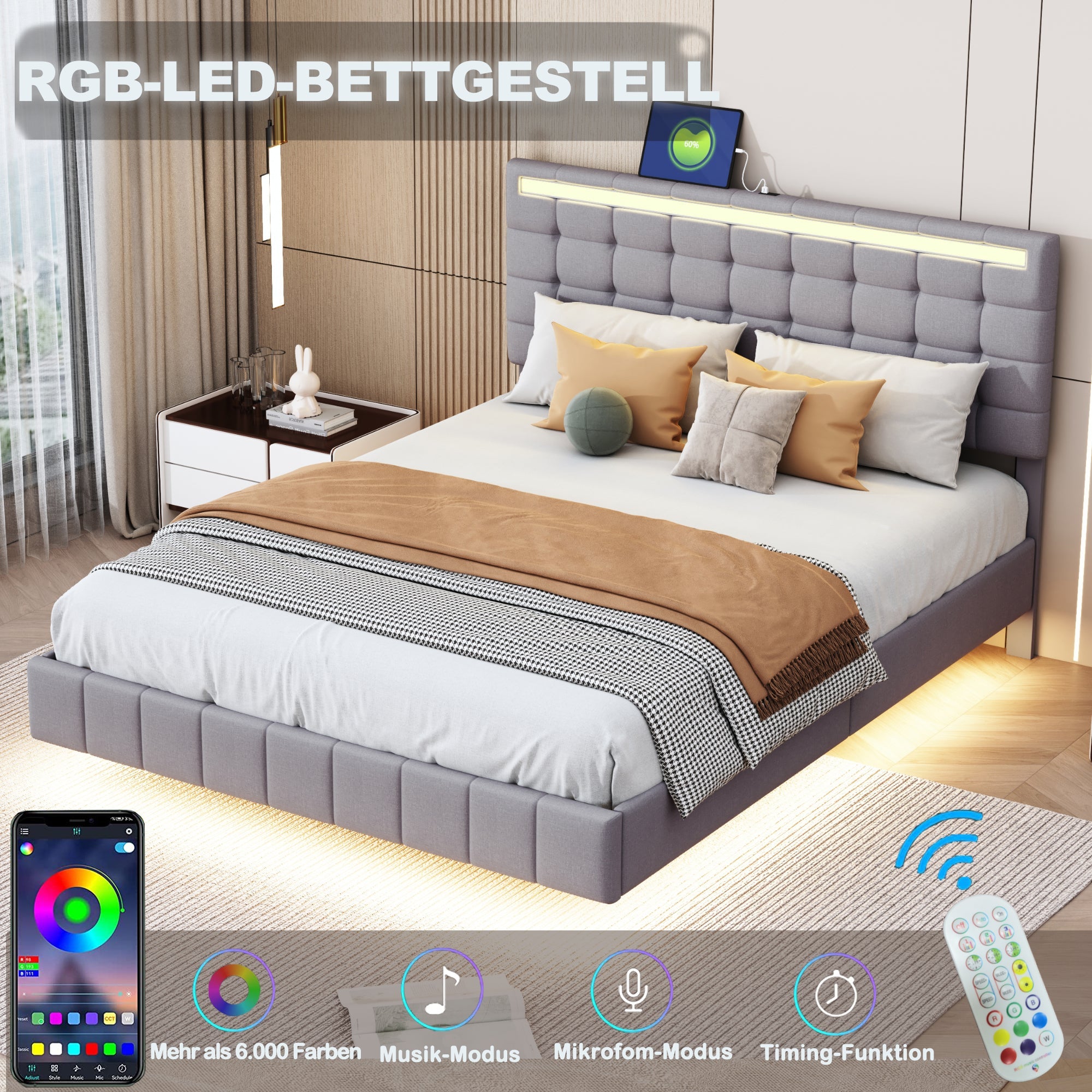 Logidon upholstered bed 140x200 cm gray with LED light strip headboard