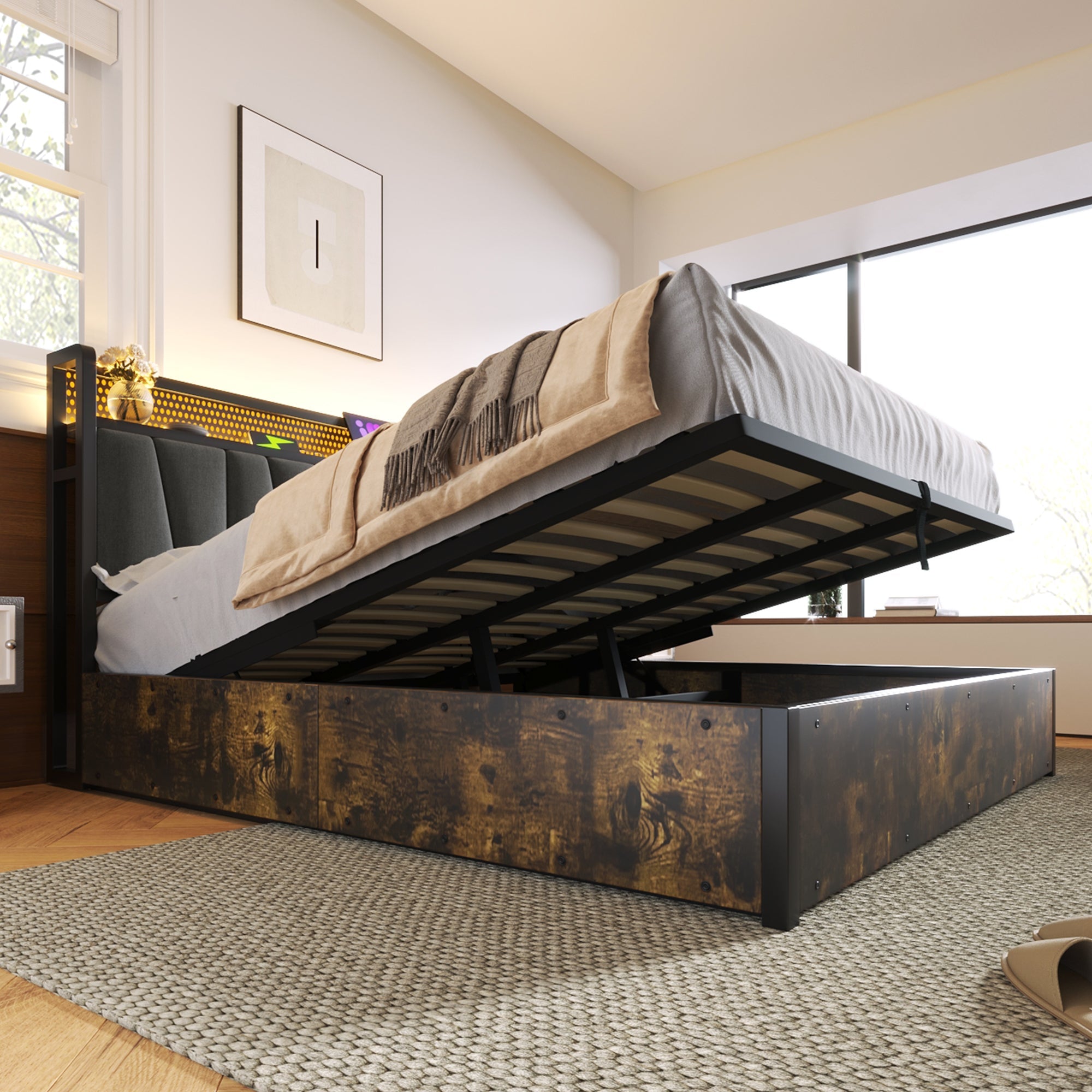 Logidon gestoffeerd bed metalen bed LED App Control tweepersoonsbed 180x200 grijs