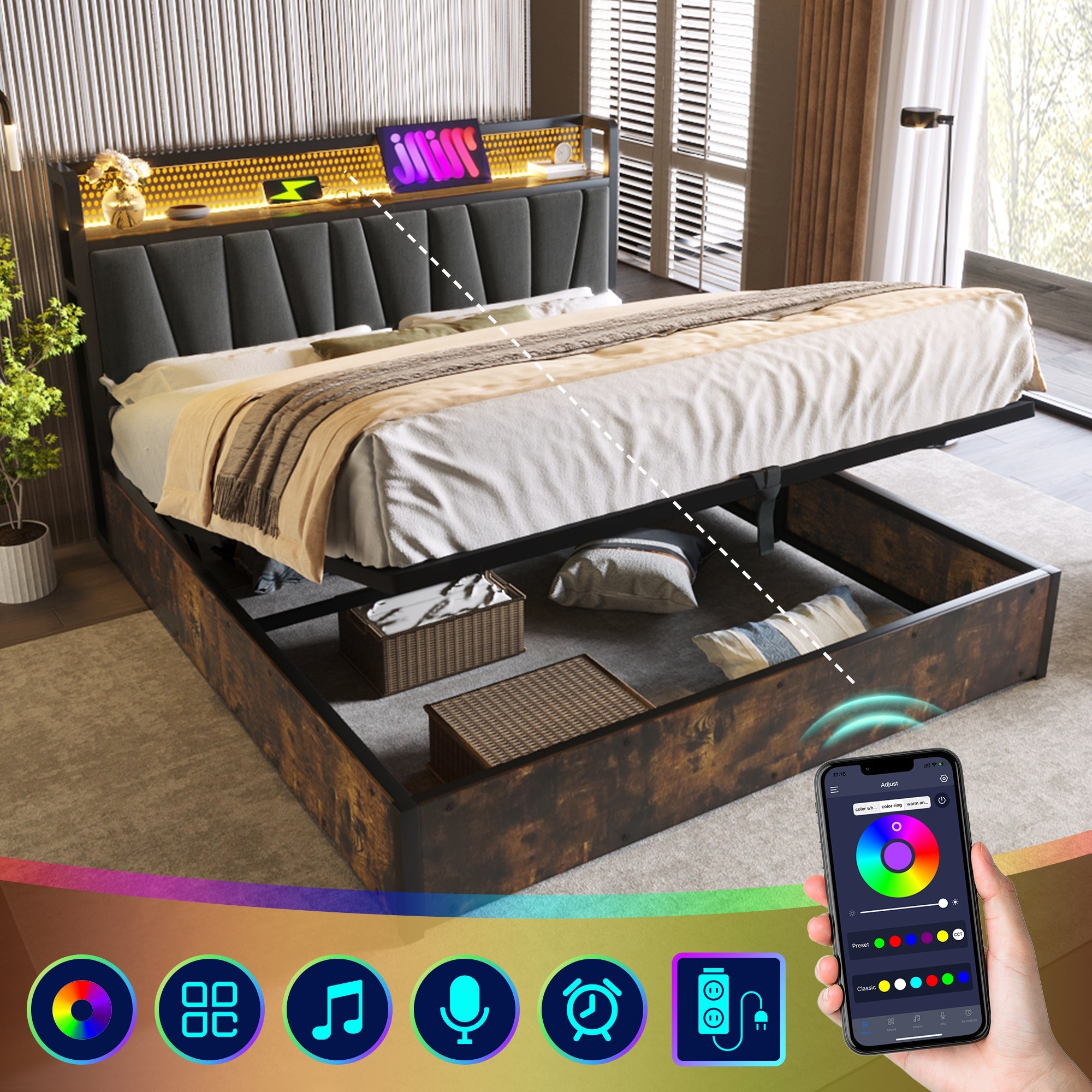 Logidon gestoffeerd bed metalen bed LED AppControl 140x200 tweepersoonsbed grijs