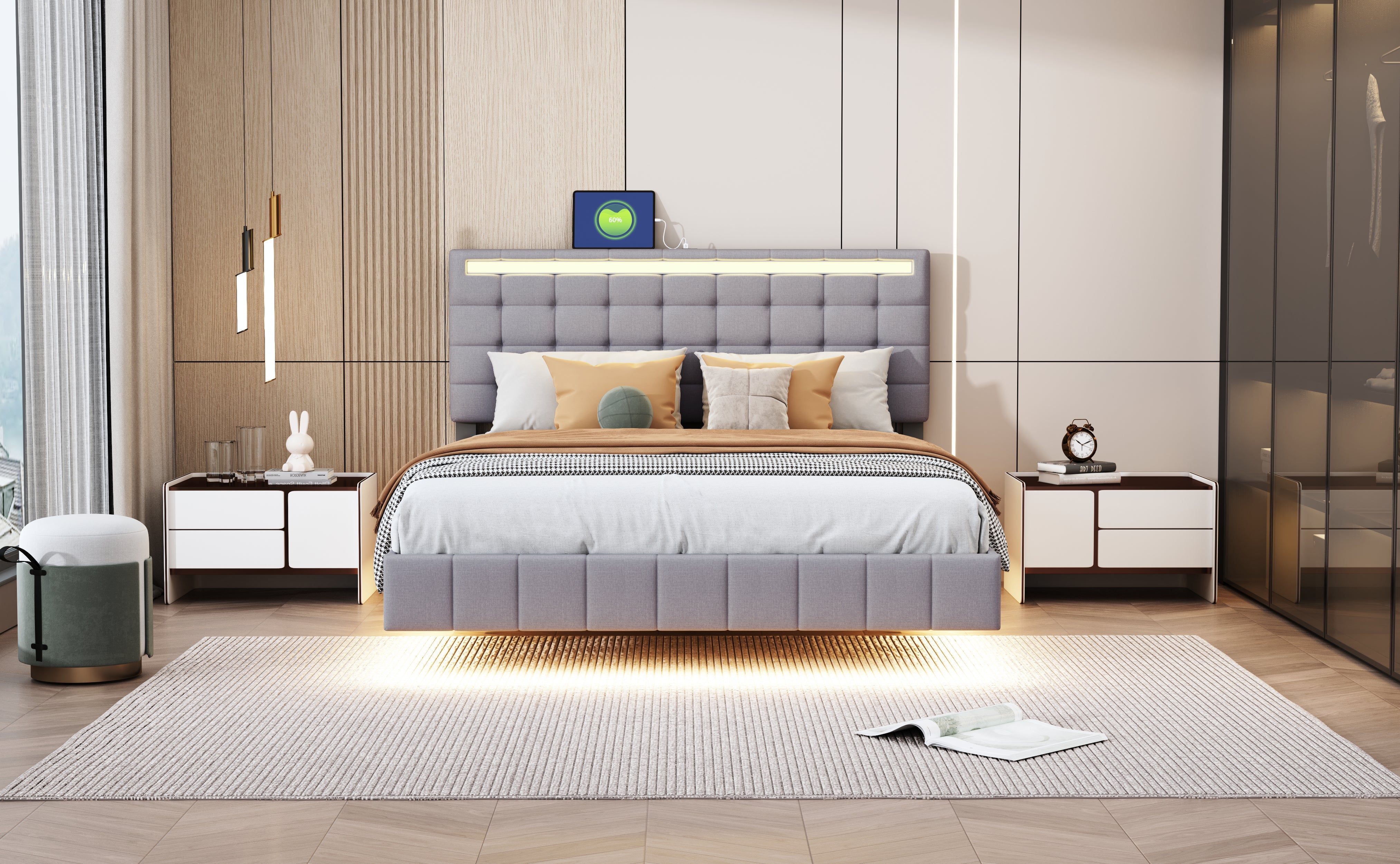 Logidon upholstered bed 140x200 cm gray with LED light strip headboard