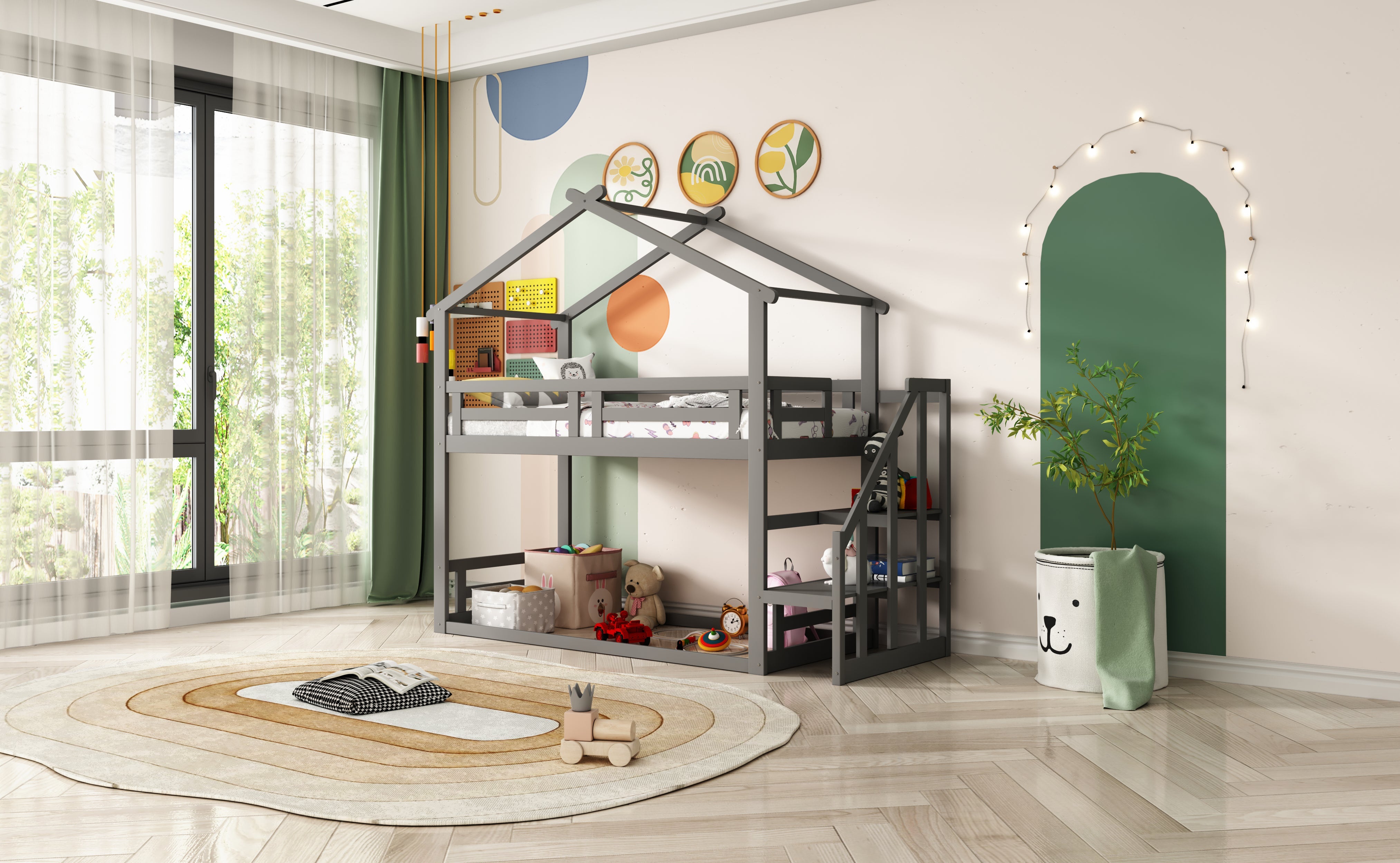 Logidon Children's Bed 90x200 Gray Low Bunk Bed With Safety Stairs