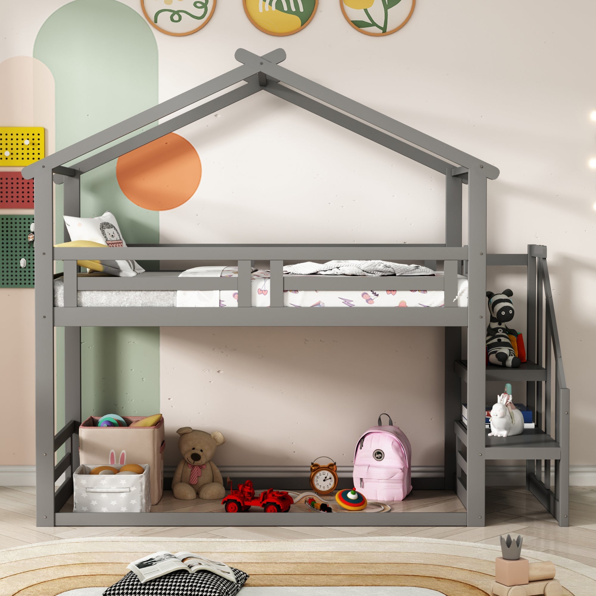 Logidon Children's Bed 90x200 Gray Low Bunk Bed With Safety Stairs