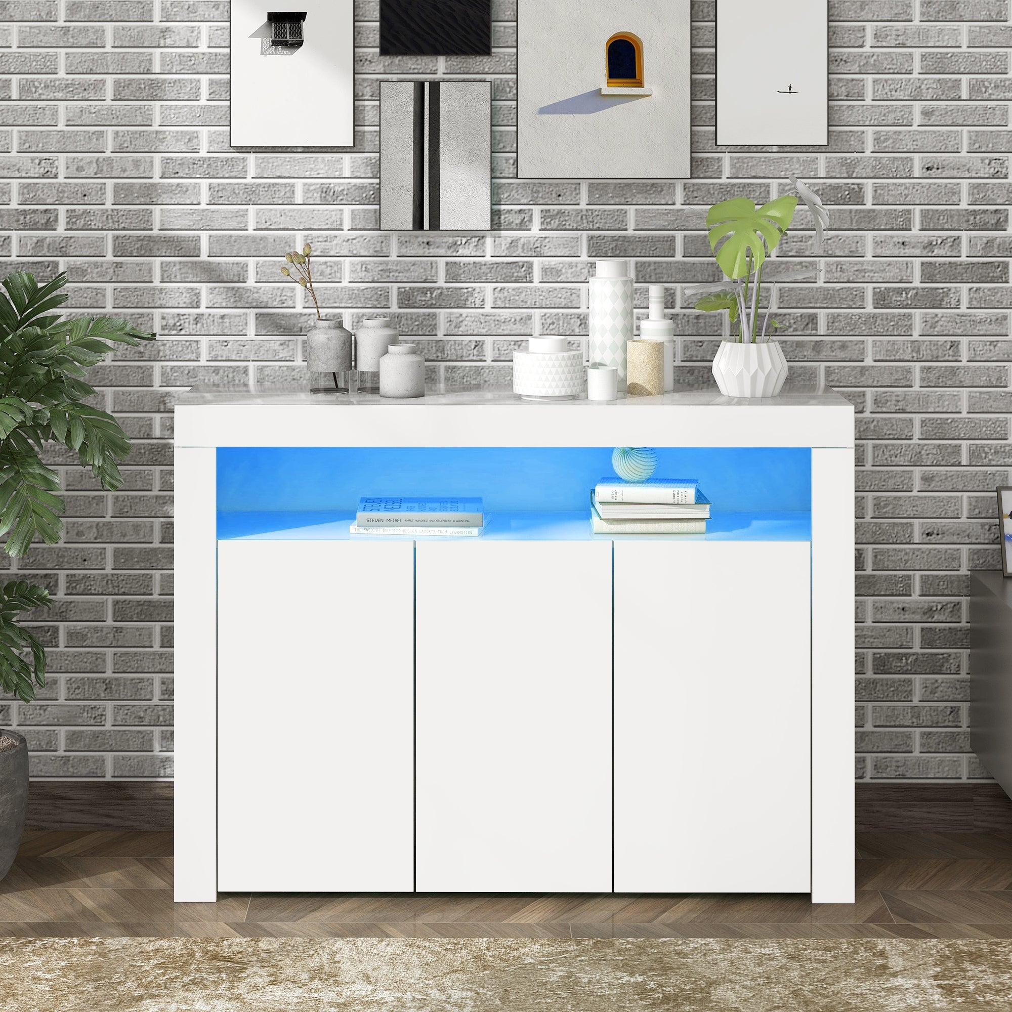 Logidon Witte hoogglans dressoir vitrinekast LED verlichting 130x35x95