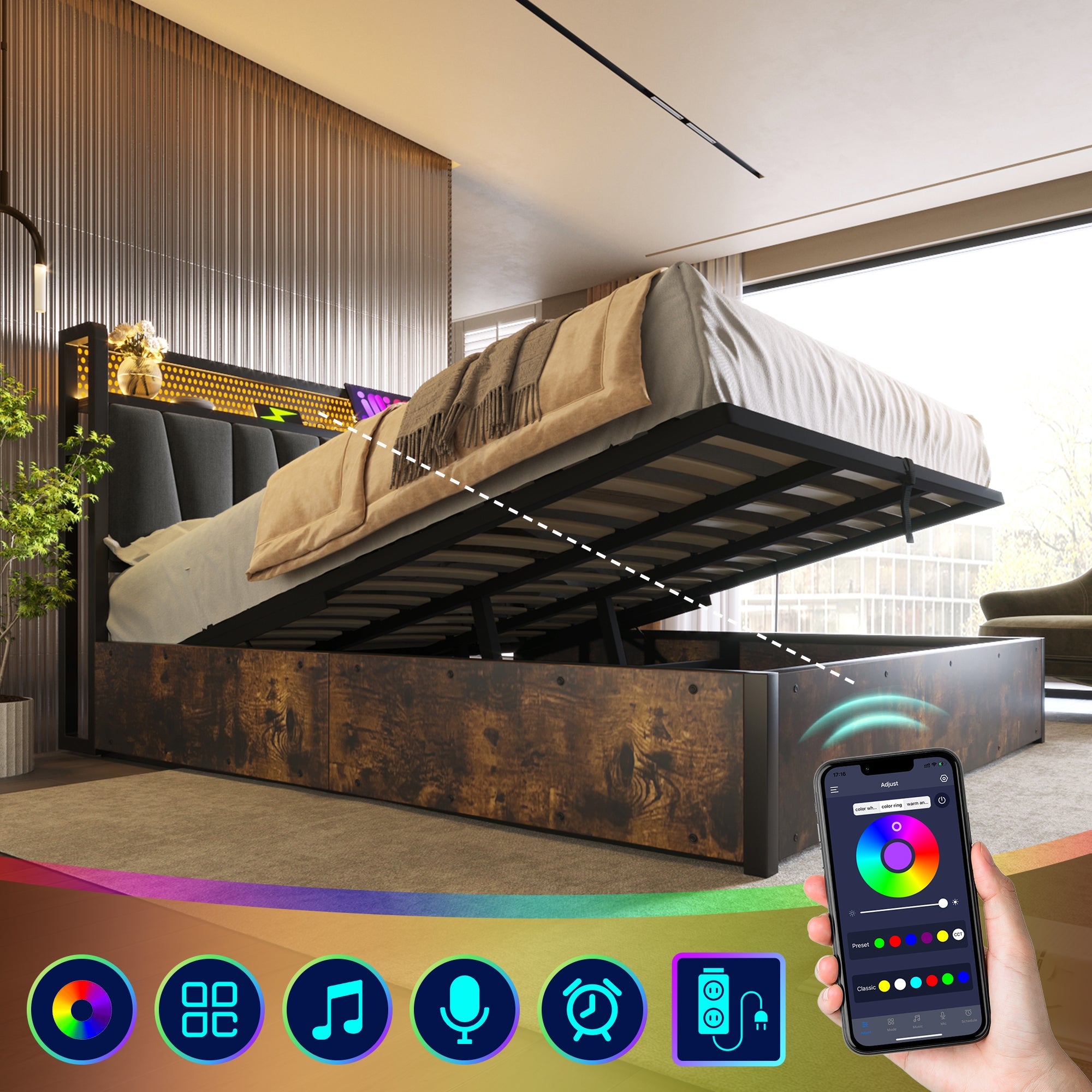 Logidon gestoffeerd bed metalen bed LED App Control tweepersoonsbed 180x200 grijs