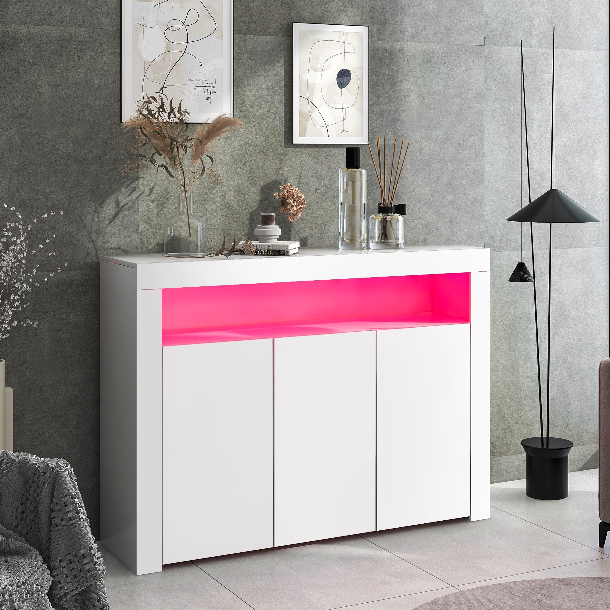 Logidon Witte hoogglans dressoir vitrinekast LED verlichting 130x35x95