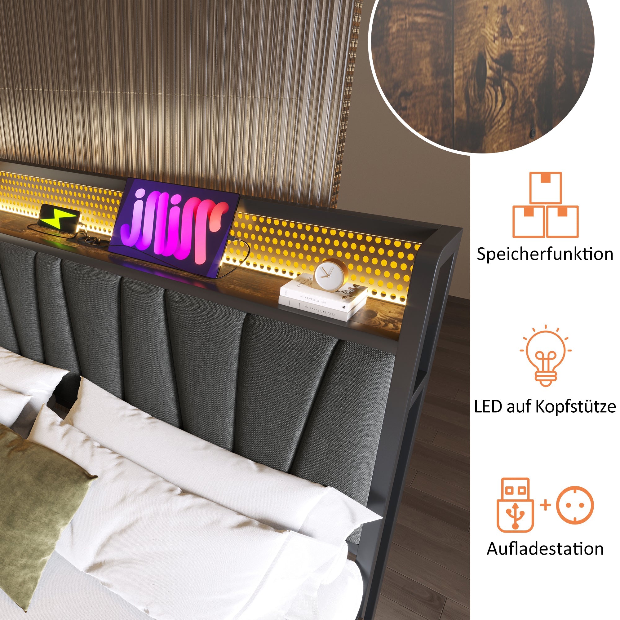 Logidon gestoffeerd bed metalen bed LED USB oplaadfunctie grijs 160x200