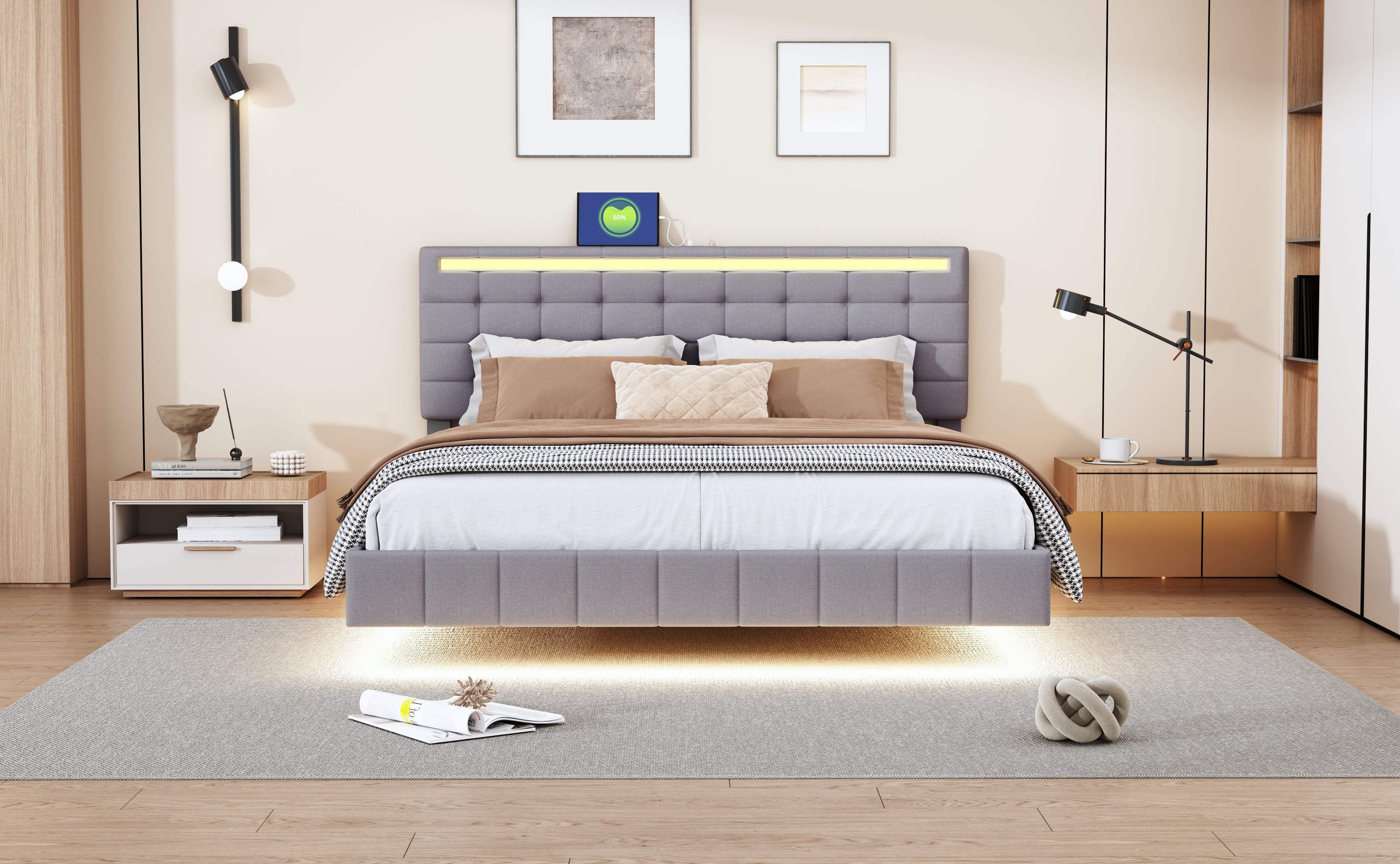 Logidon upholstered bed 160 x 200 cm padded floating bed frame gray