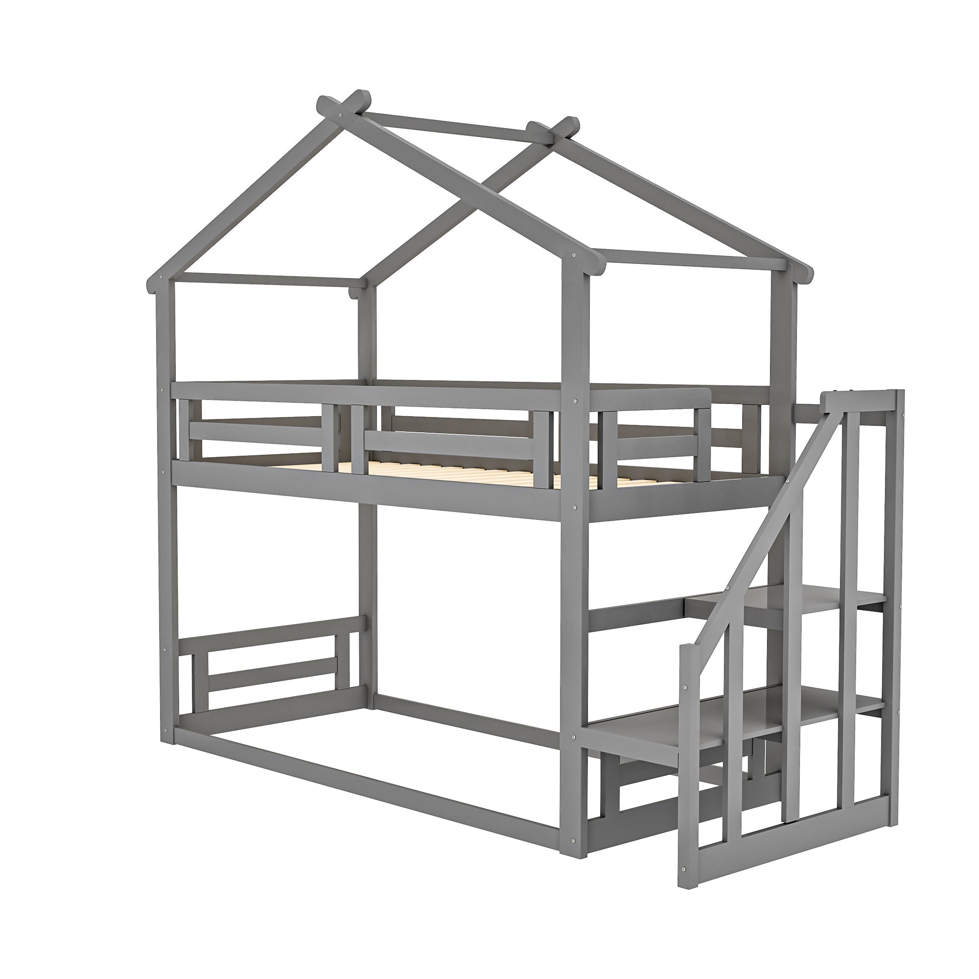 Logidon Children's Bed 90x200 Gray Low Bunk Bed With Safety Stairs