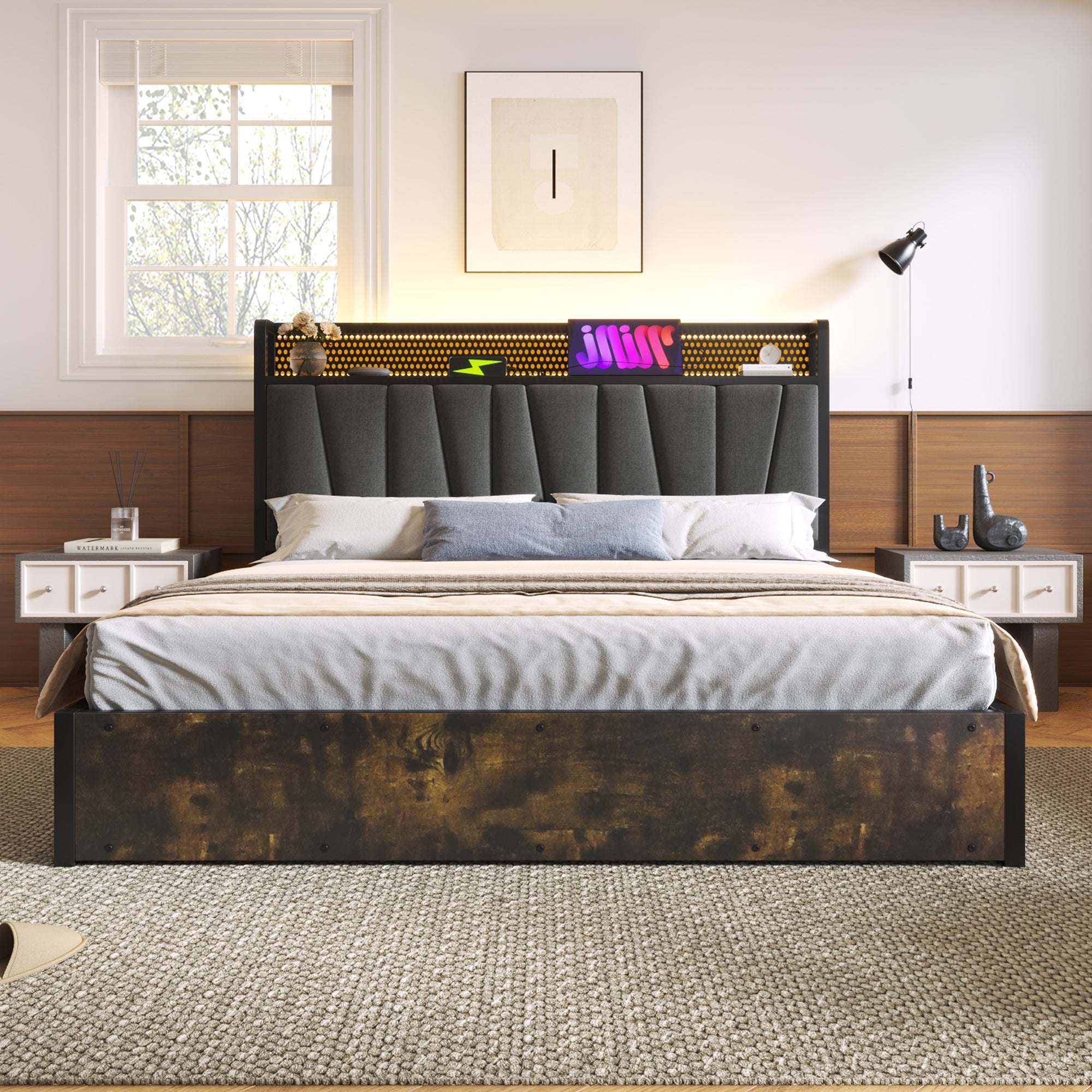 Logidon gestoffeerd bed metalen bed LED App-Control 160x200 grijs