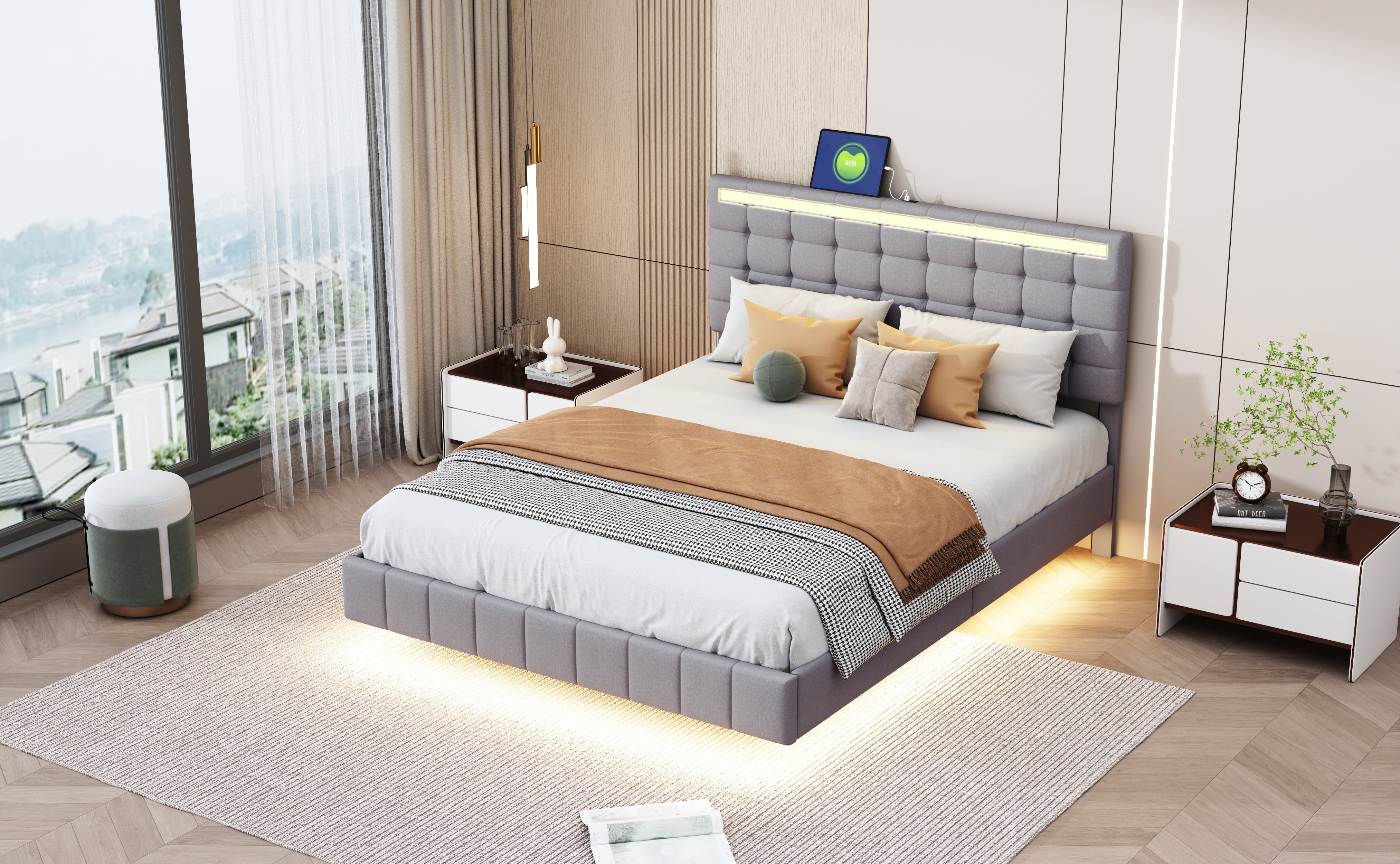 Logidon upholstered bed 140x200 cm gray with LED light strip headboard