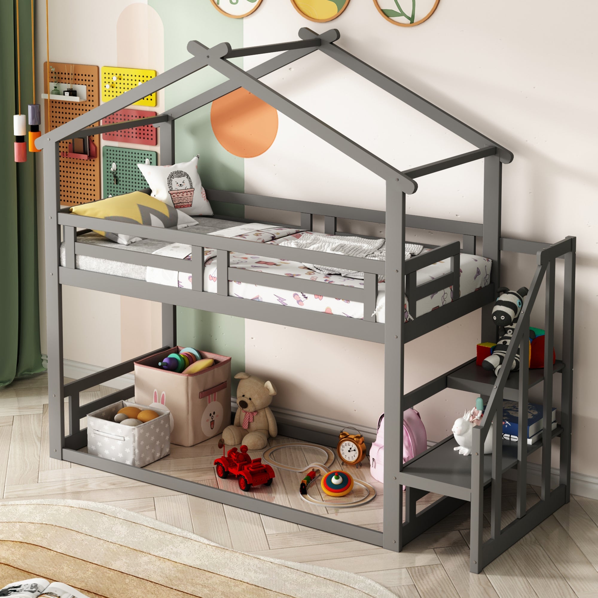 Logidon Children's Bed 90x200 Gray Low Bunk Bed With Safety Stairs