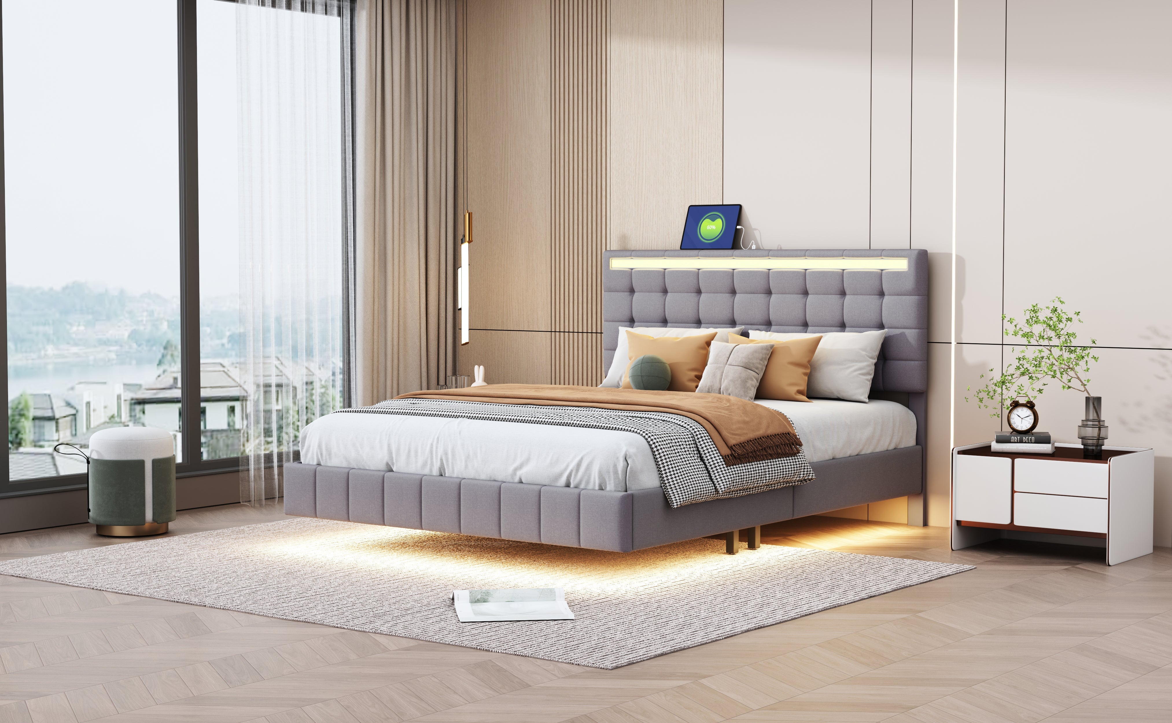 Logidon upholstered bed 140x200 cm gray with LED light strip headboard