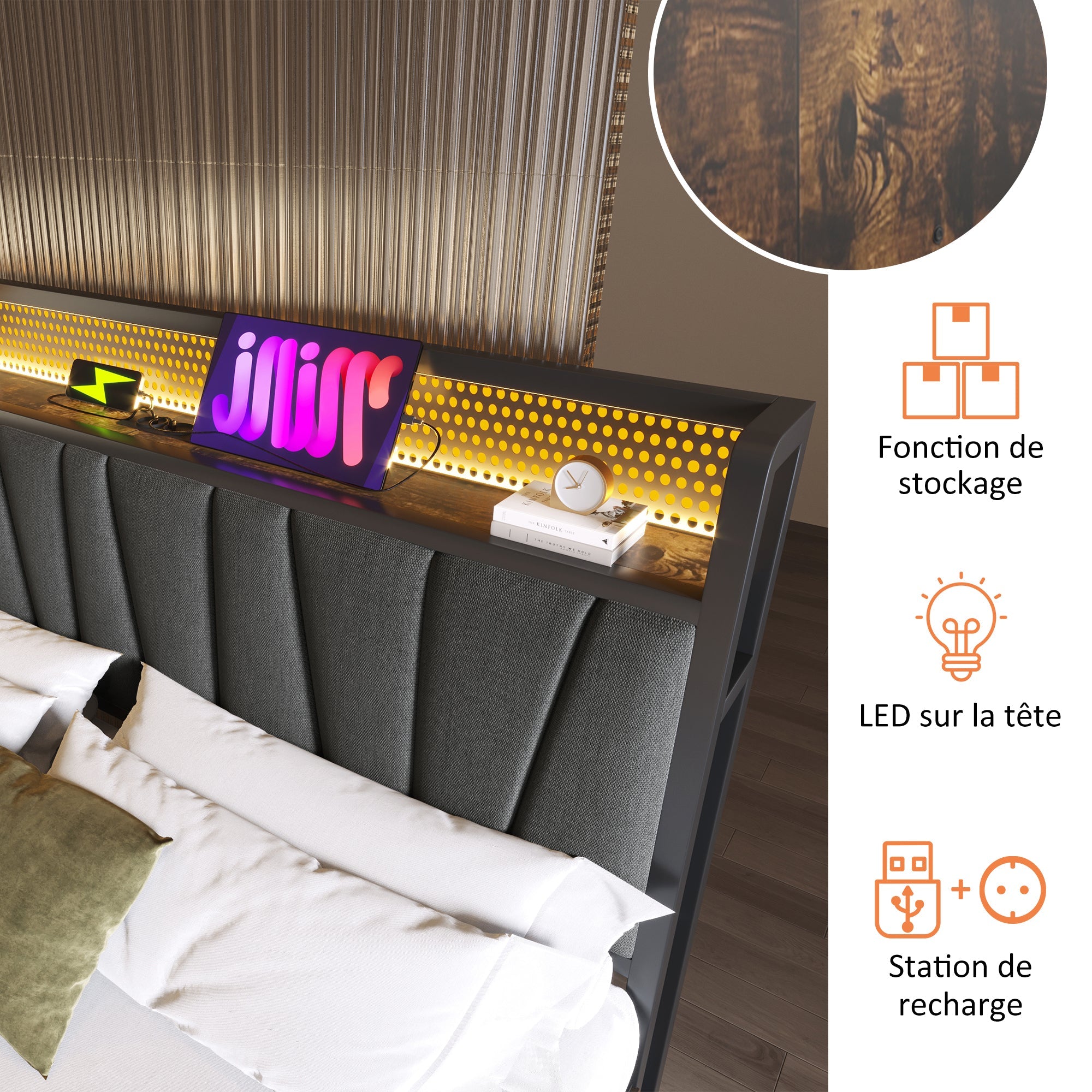 Logidon gestoffeerd bed metalen bed LED App-Control 160x200 grijs