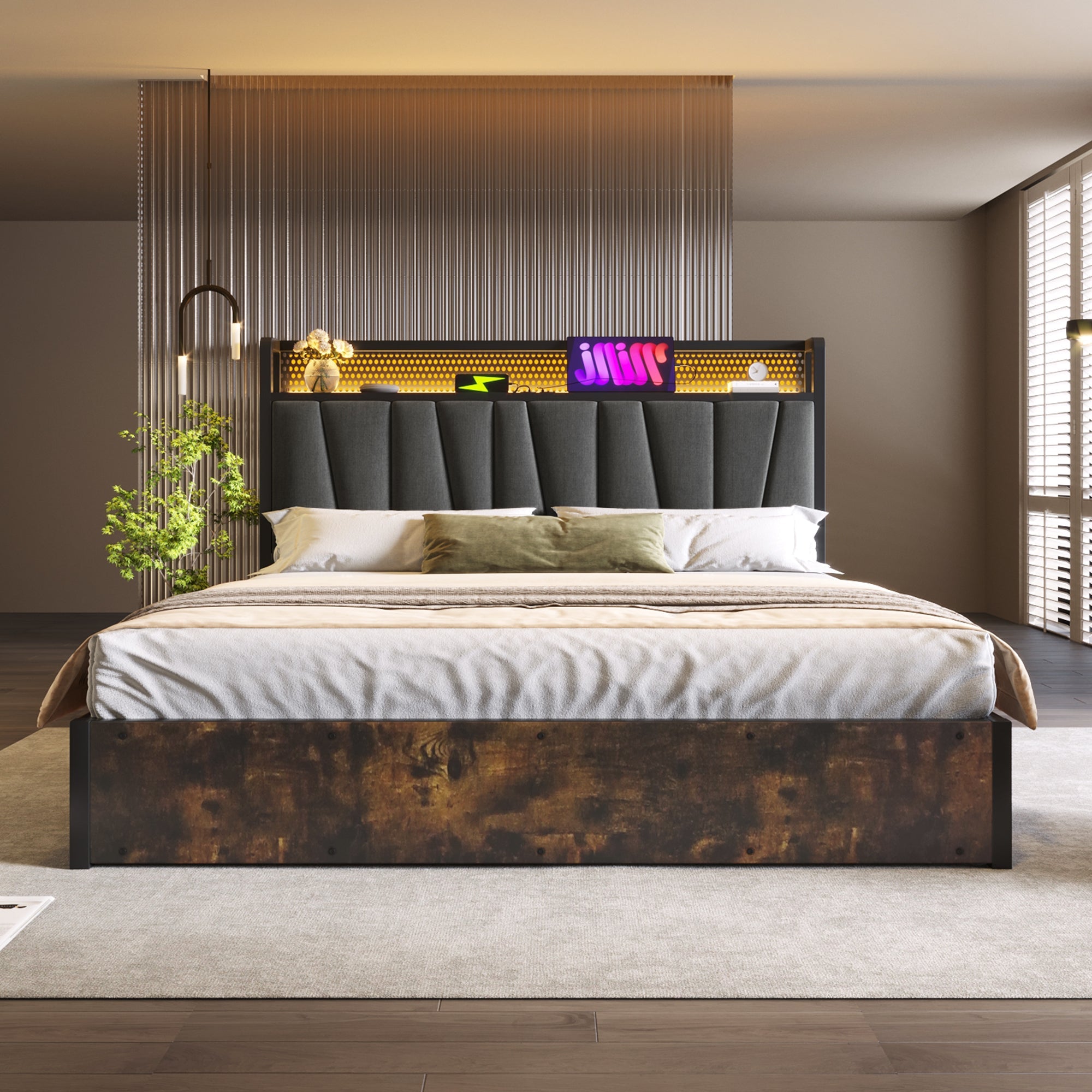 Logidon gestoffeerd bed metalen bed LED app bediening 140x200 cm grijs