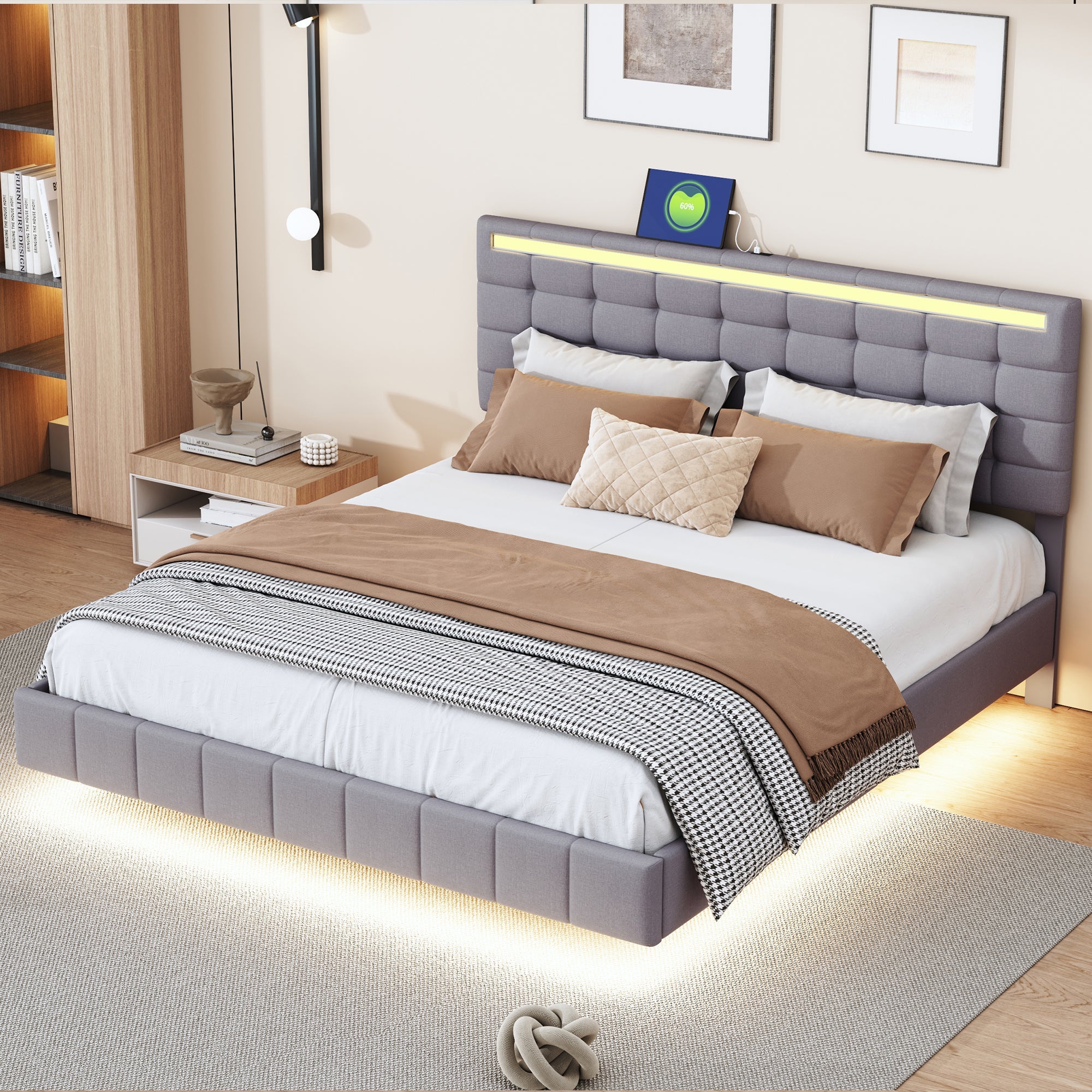Logidon upholstered bed 160 x 200 cm padded floating bed frame gray
