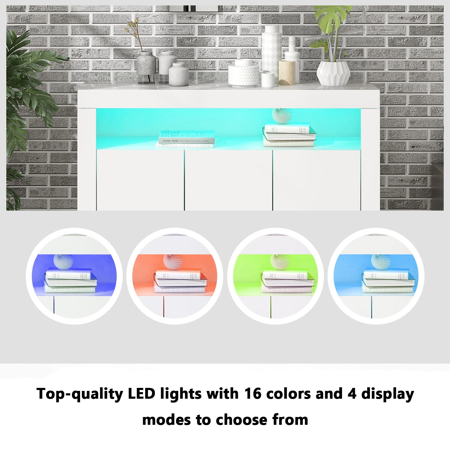 Logidon Witte hoogglans dressoir vitrinekast LED verlichting 130x35x95