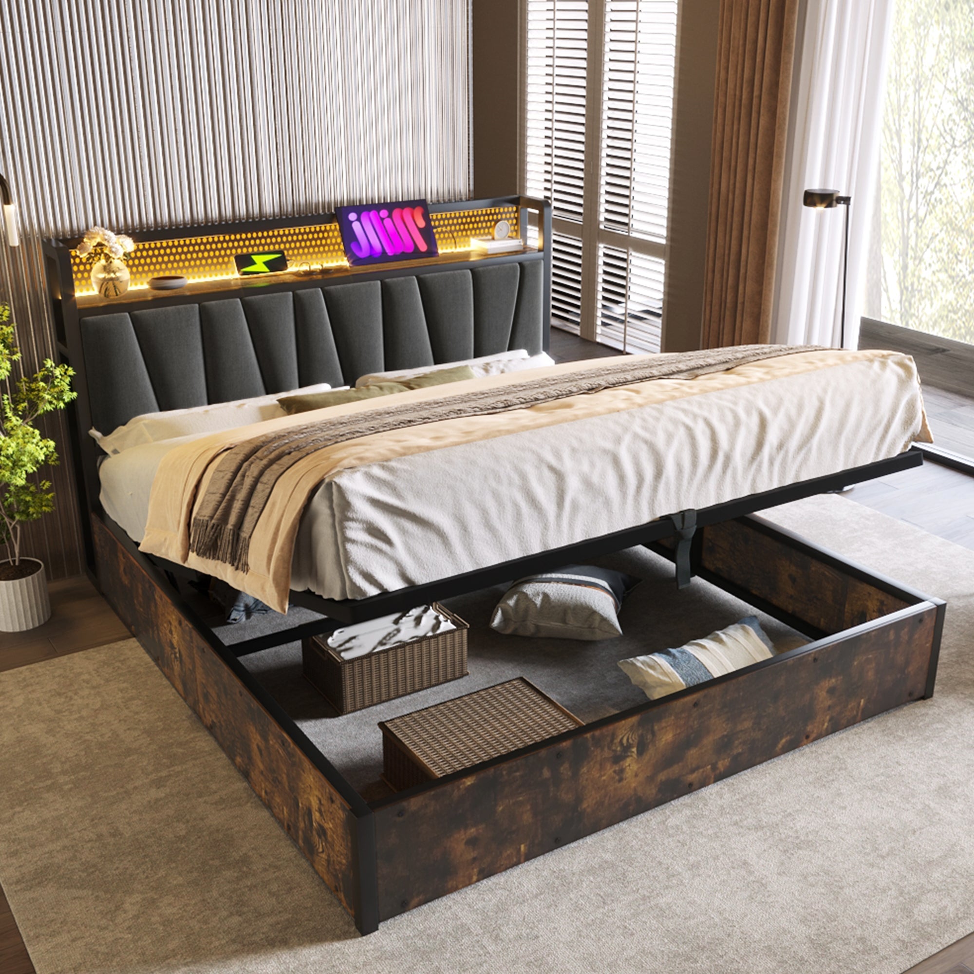 Logidon gestoffeerd bed metalen bed LED USB oplaadfunctie grijs 160x200