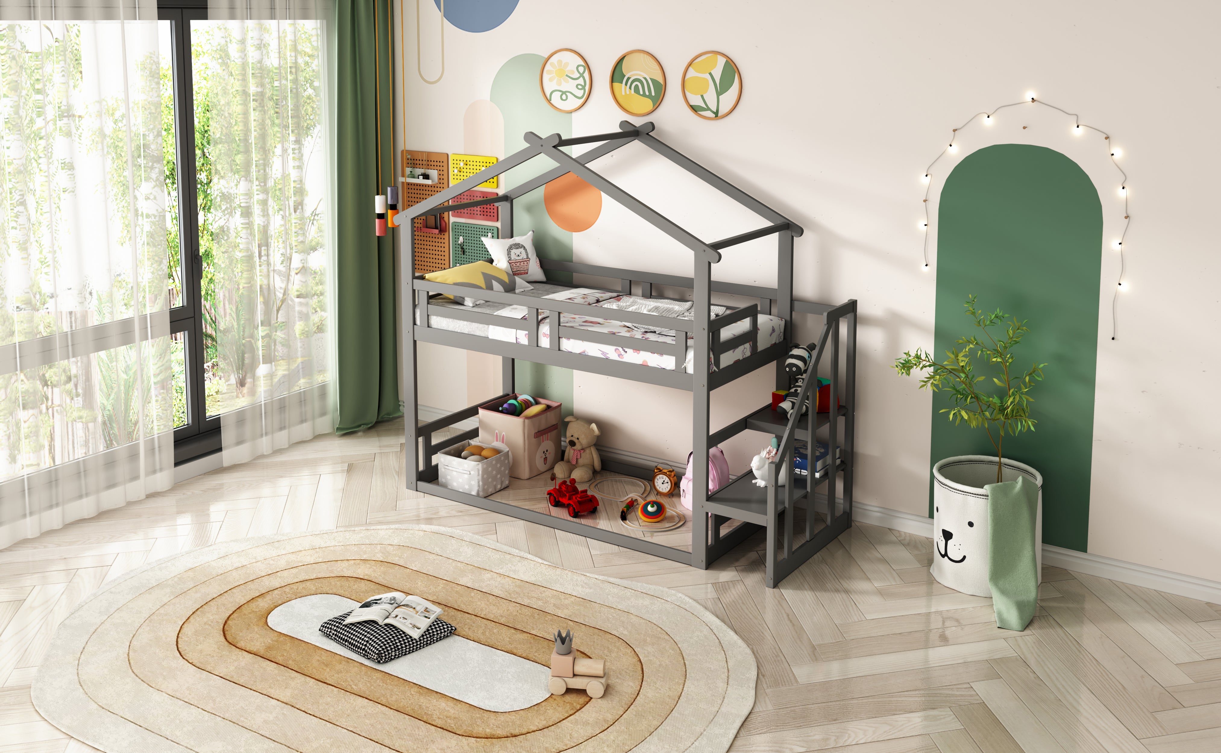Logidon Children's Bed 90x200 Gray Low Bunk Bed With Safety Stairs