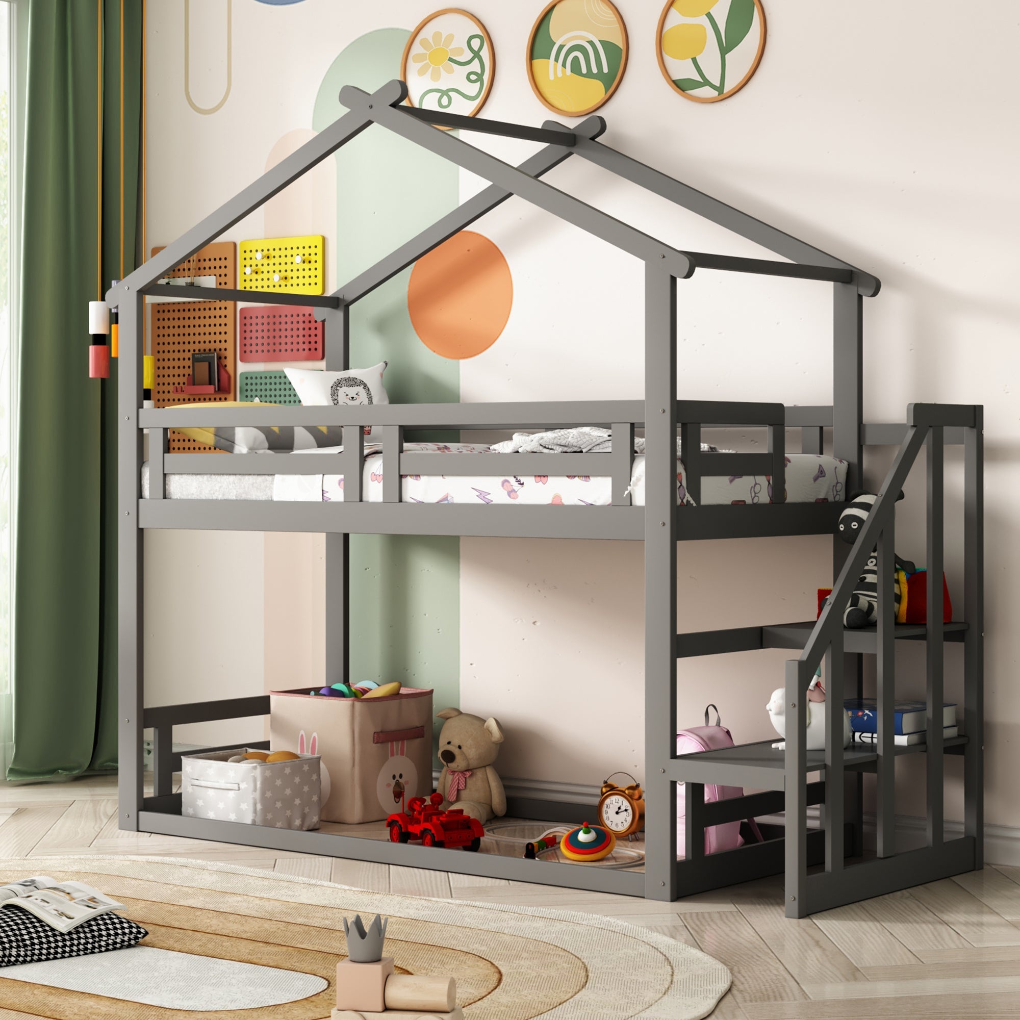 Logidon Children's Bed 90x200 Gray Low Bunk Bed With Safety Stairs