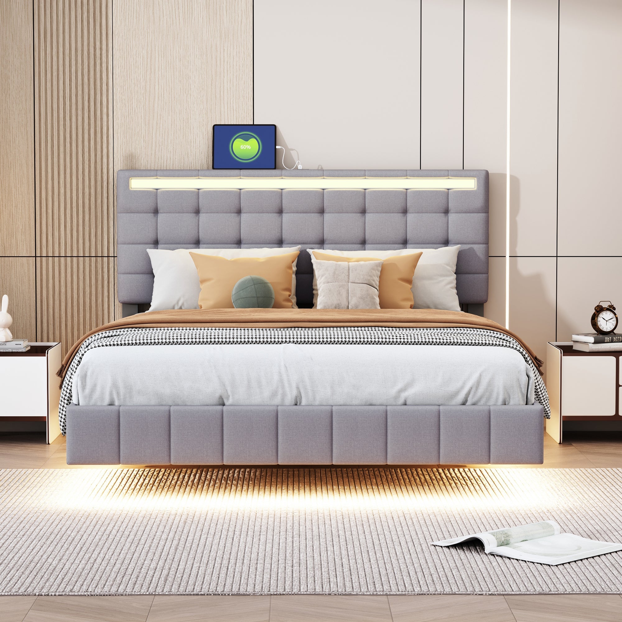 Logidon upholstered bed 140x200 cm gray with LED light strip headboard