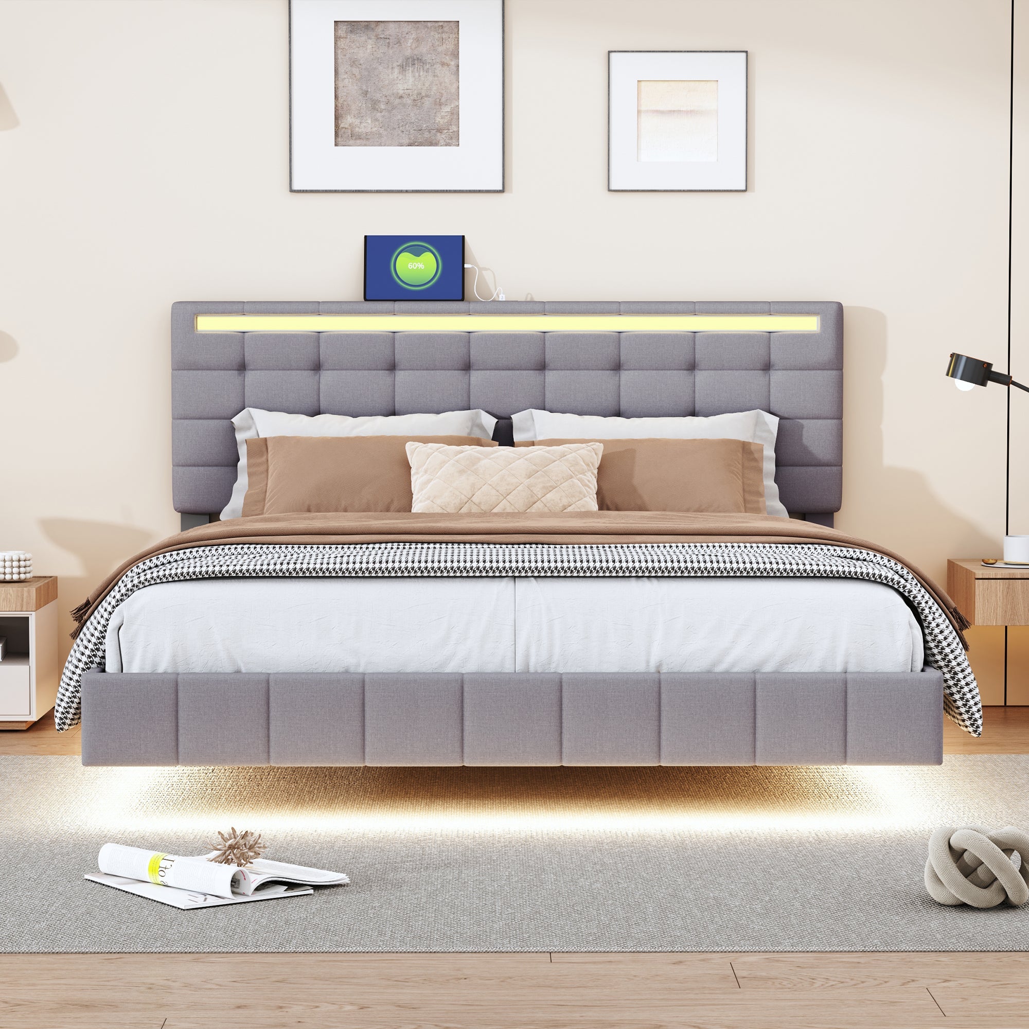 Logidon upholstered bed 160 x 200 cm padded floating bed frame gray