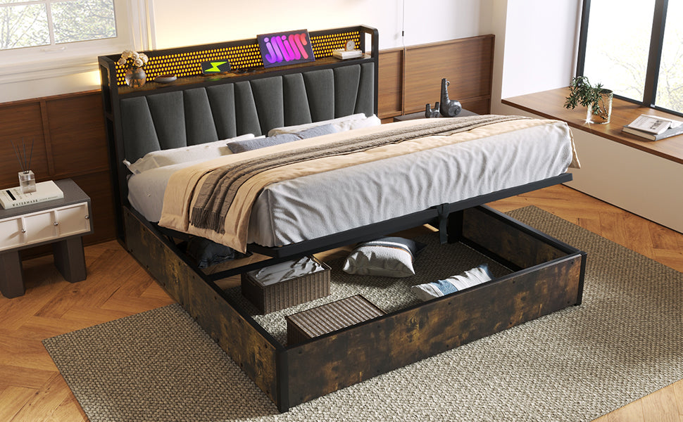 Logidon gestoffeerd bed metalen bed LED App Control tweepersoonsbed 180x200 grijs