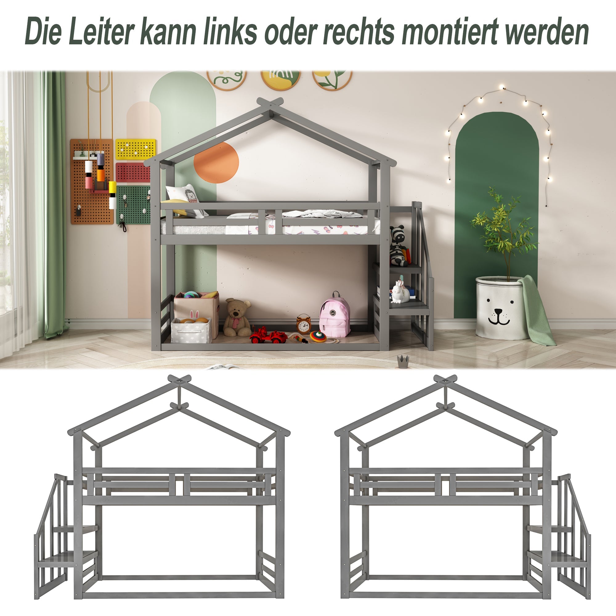Logidon Children's Bed 90x200 Gray Low Bunk Bed With Safety Stairs