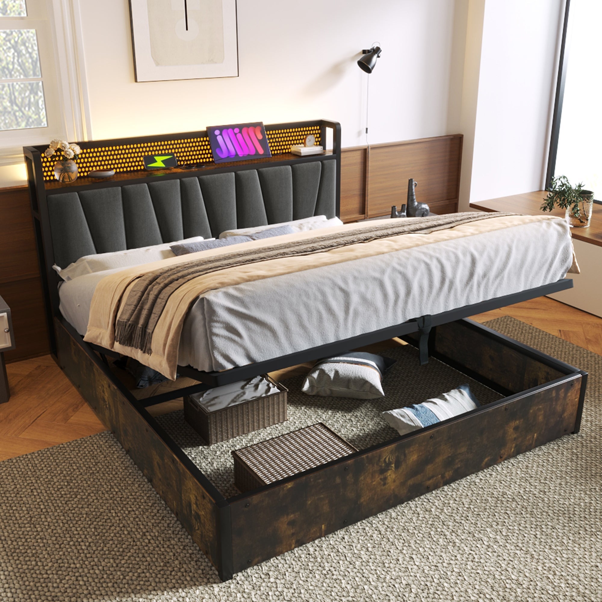 Logidon gestoffeerd bed metalen bed LED App-Control 160x200 grijs