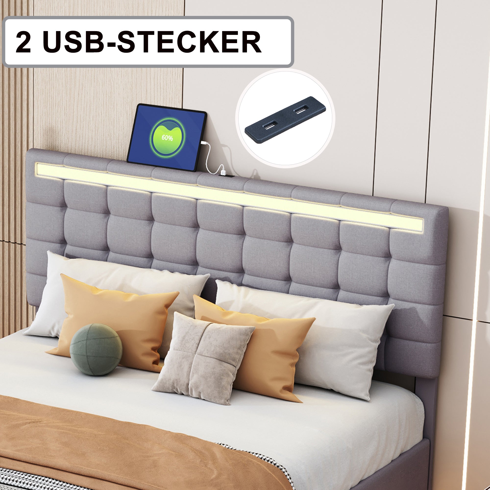Logidon upholstered bed 140x200 cm gray with LED light strip headboard