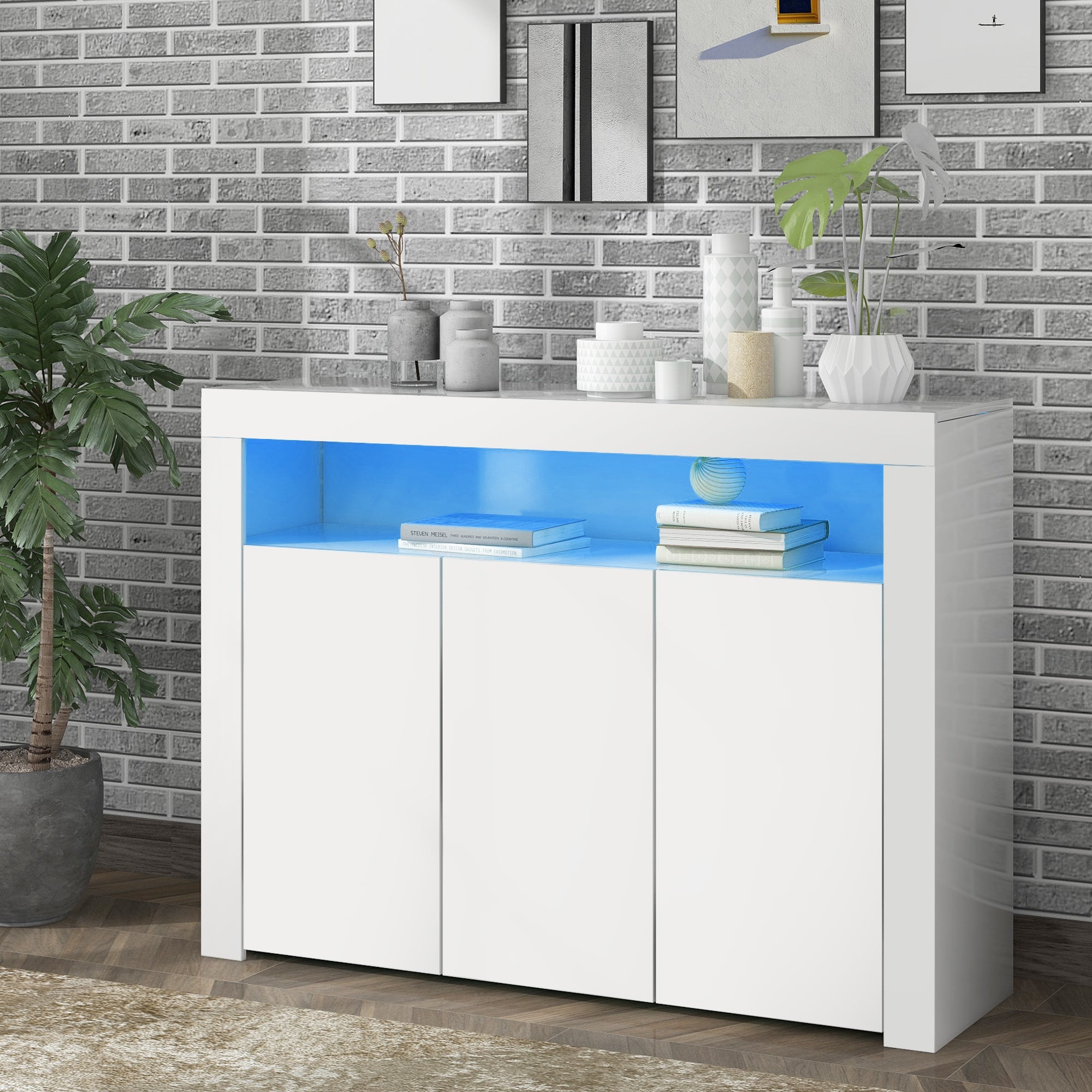 Logidon Witte hoogglans dressoir vitrinekast LED verlichting 130x35x95