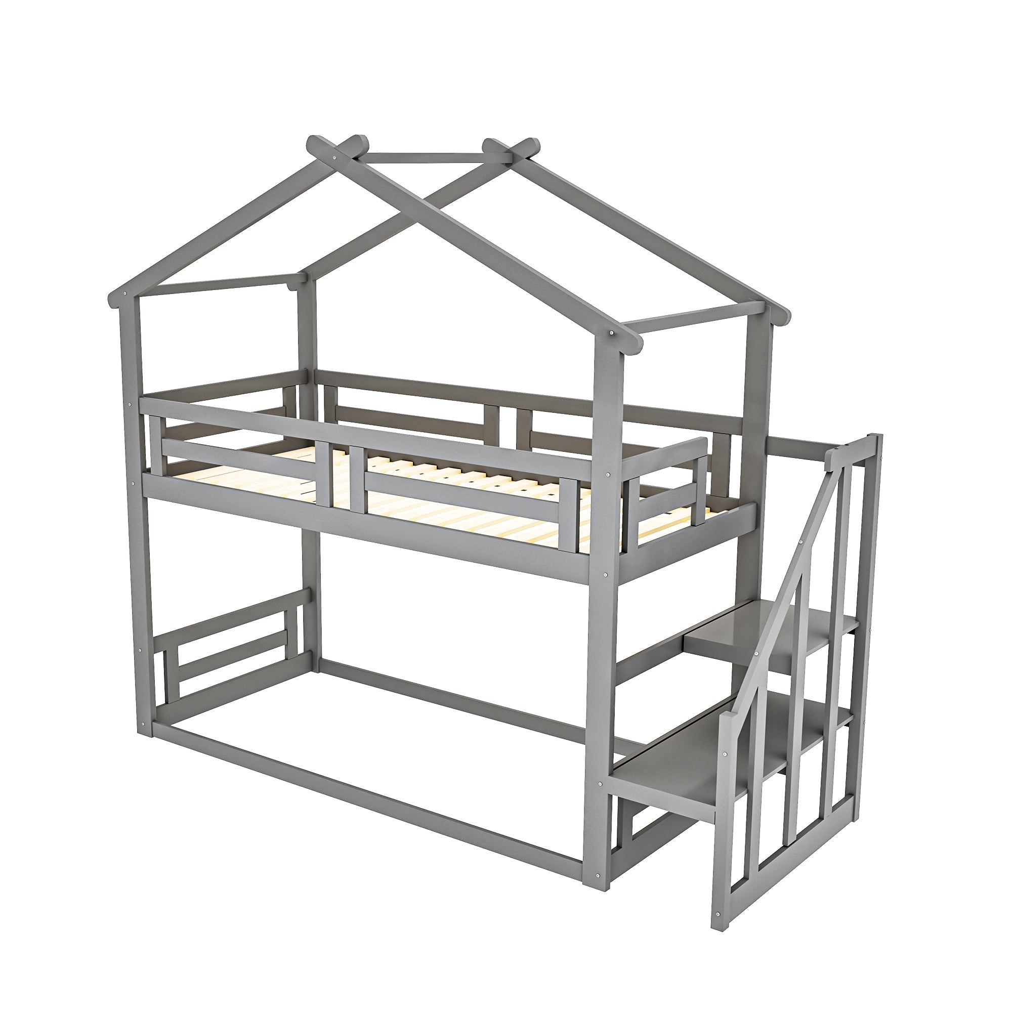 Logidon Children's Bed 90x200 Gray Low Bunk Bed With Safety Stairs