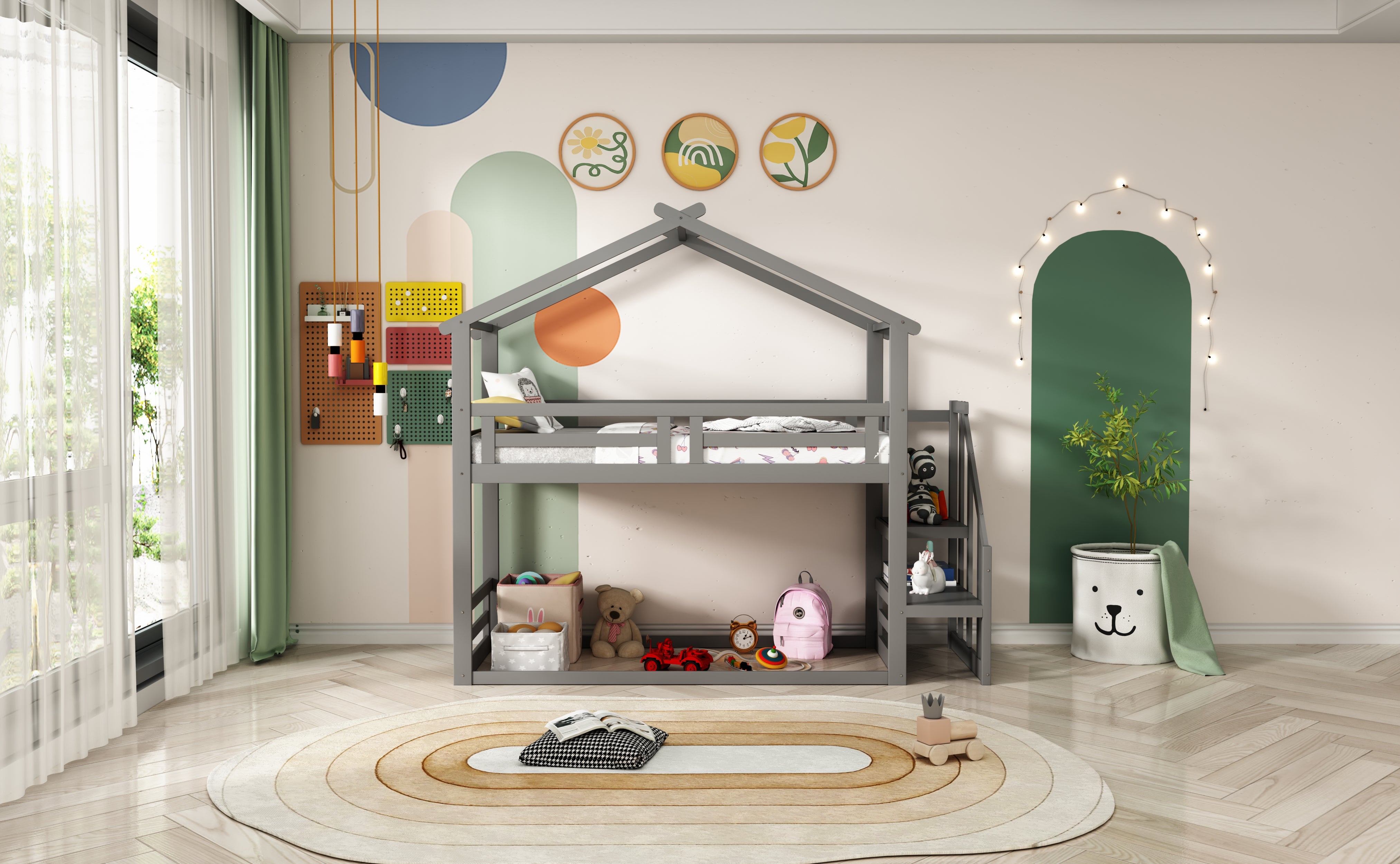 Logidon Children's Bed 90x200 Gray Low Bunk Bed With Safety Stairs