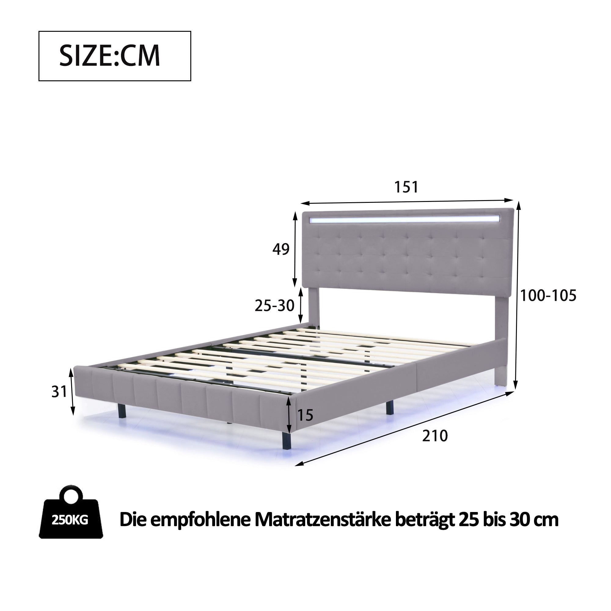 Logidon gestoffeerd bed 140x200 cm grijs met LED lichtstrip hoofdbord