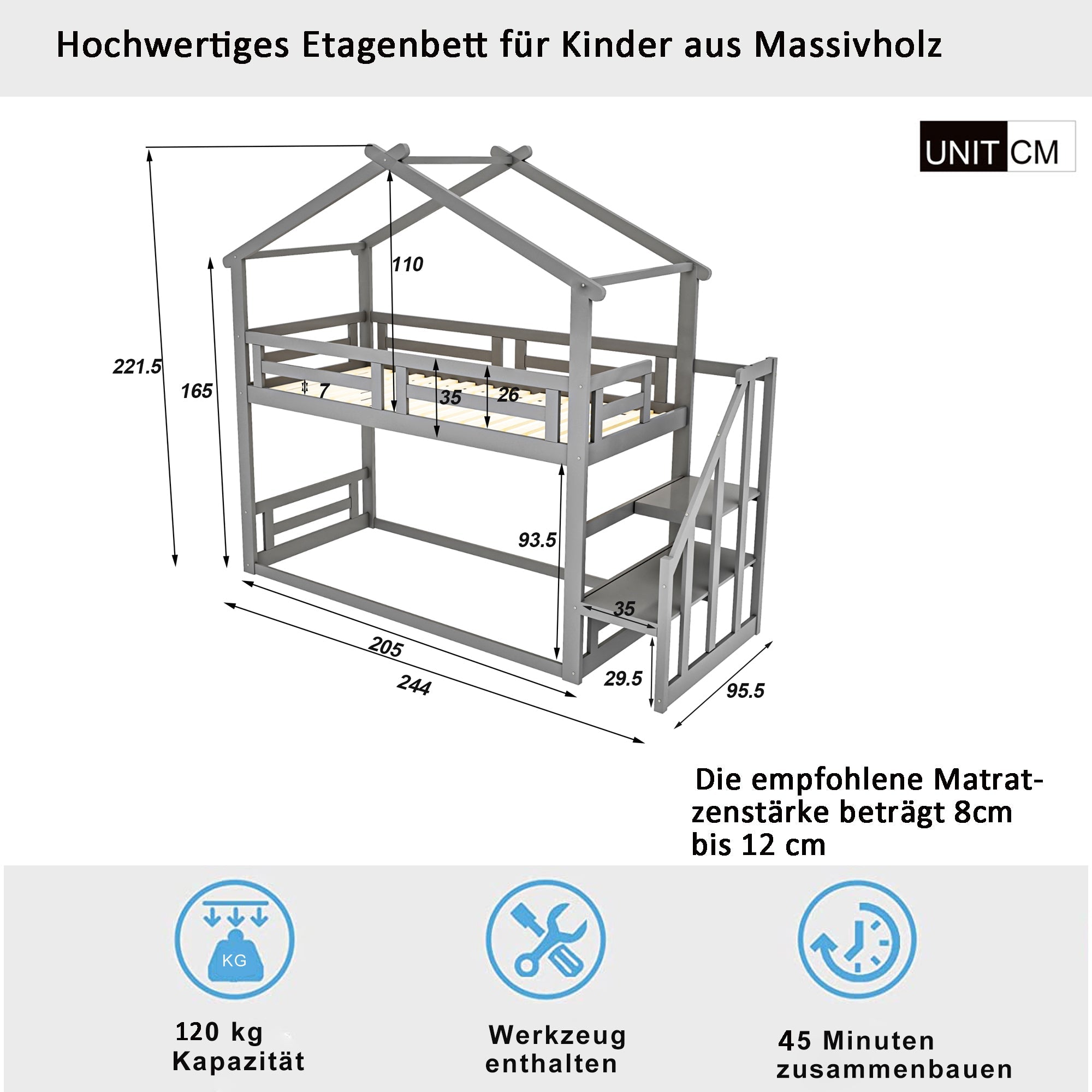 Logidon Children's Bed 90x200 Gray Low Bunk Bed With Safety Stairs