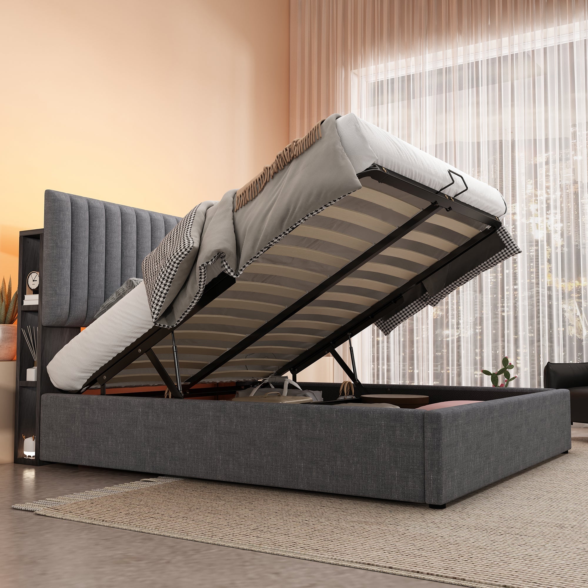 Logidon Upholstered Bed 160x200 cm Gray With Storage Space LED USB Type C