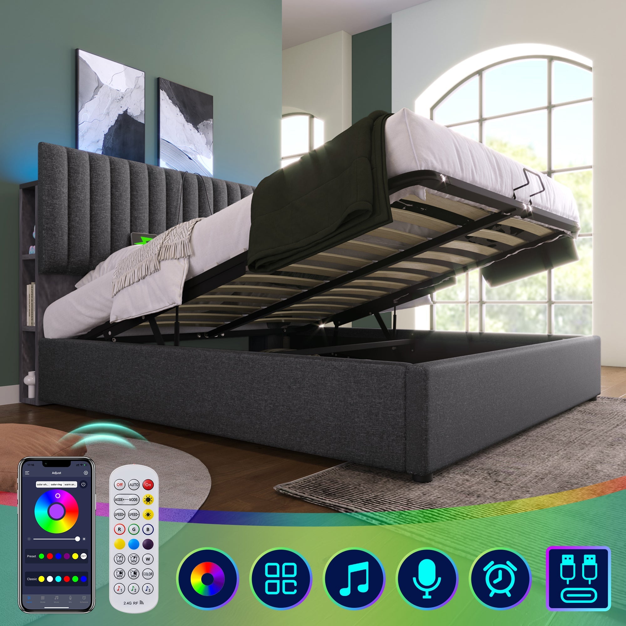 Logidon upholstered bed 160x200 cm LED headboard app control gray