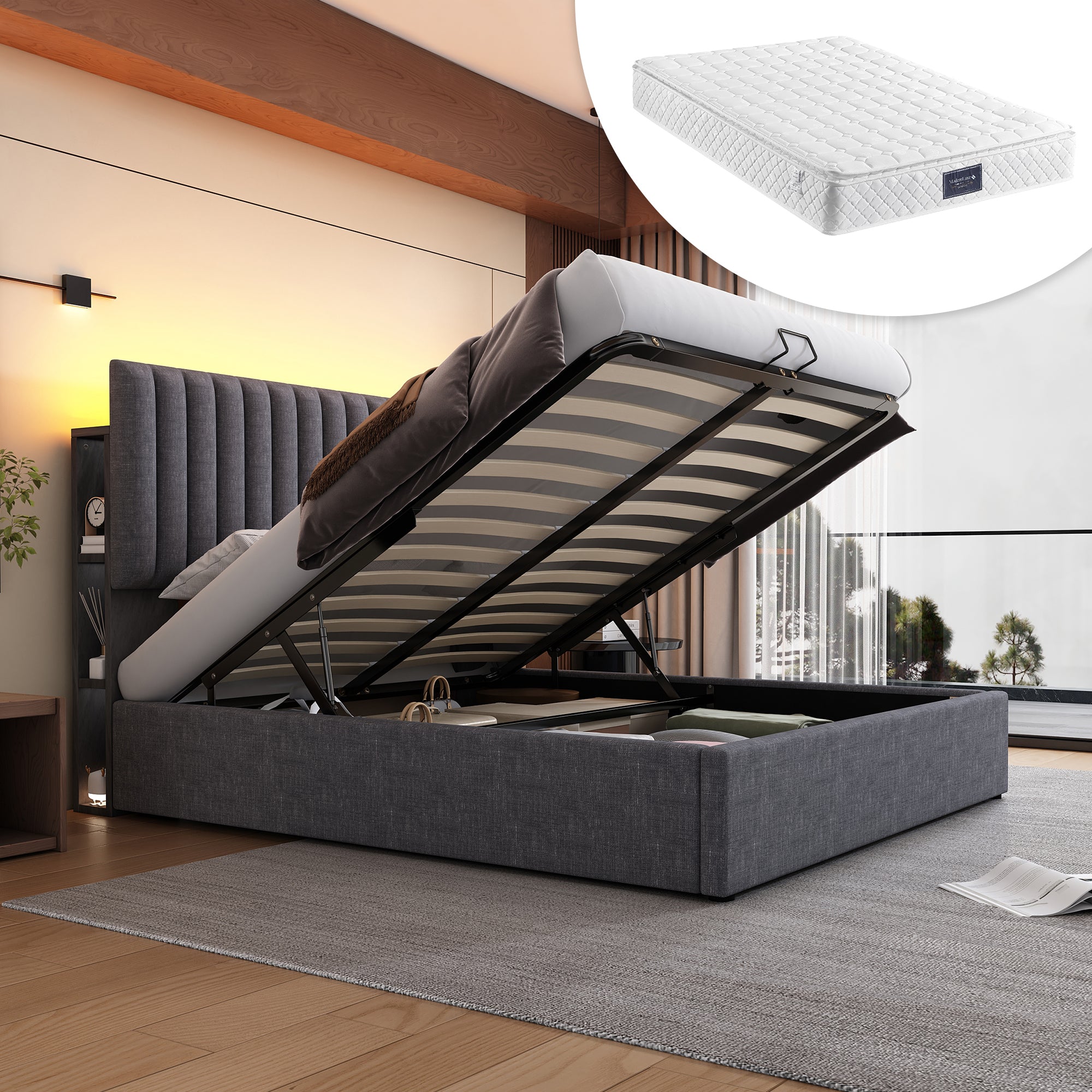Logidon upholstered bed 160x200 cm LED headboard app control gray