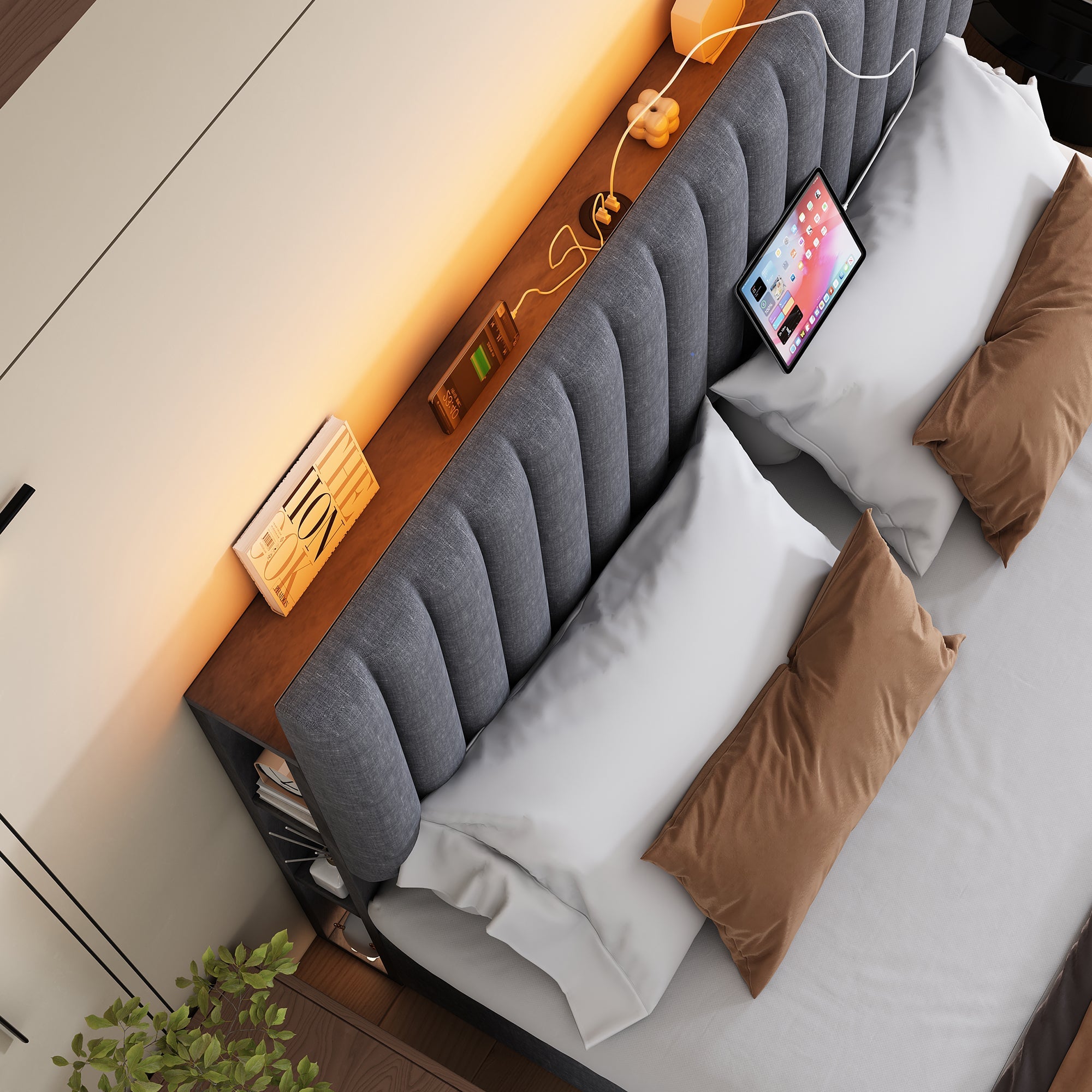 Logidon Upholstered Bed 160x200 cm Gray With Storage Space LED USB Type C