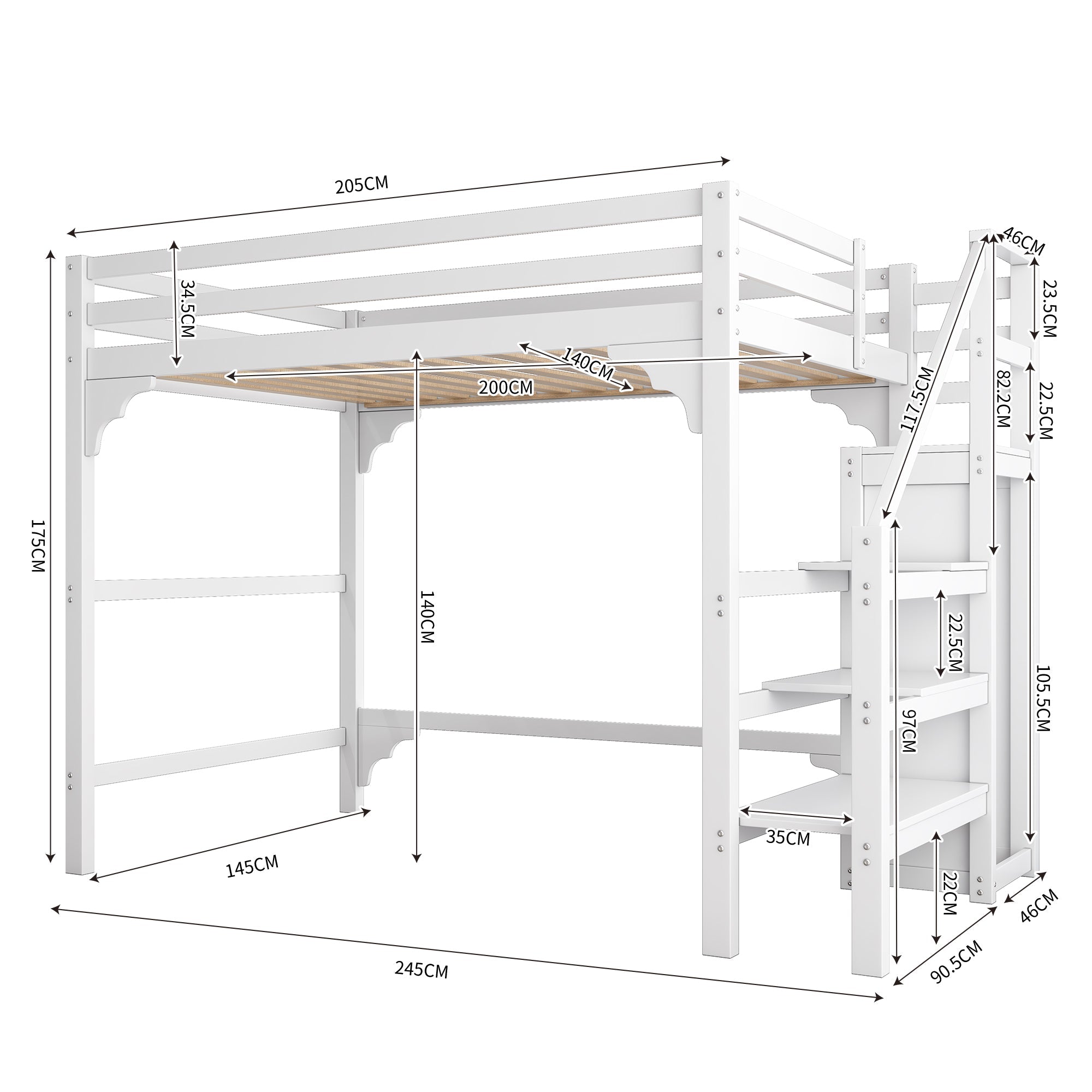 Logidon hoogslaper 140x200 cm wit met lattenbodem trapkast