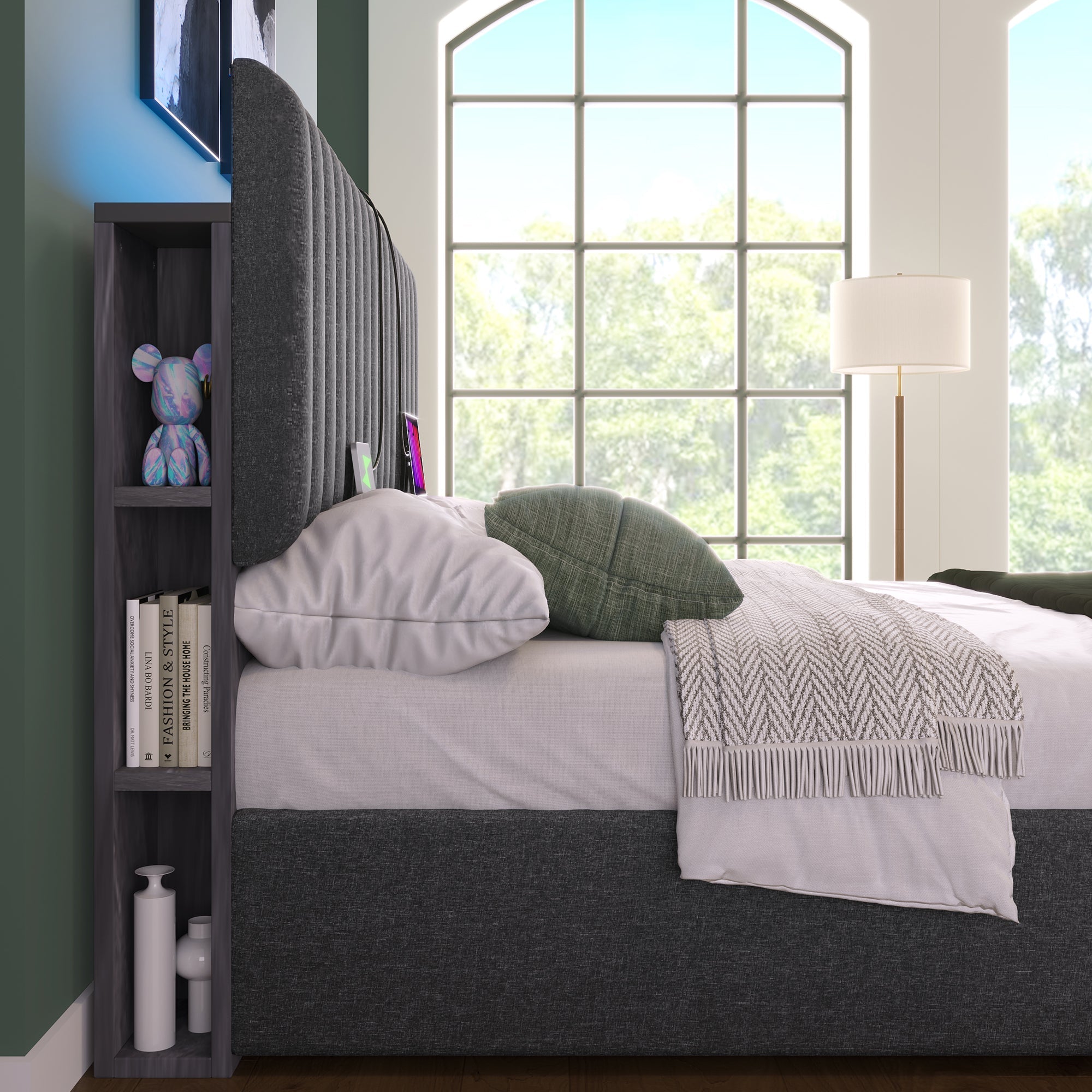 Logidon upholstered bed 160x200 cm LED headboard app control gray