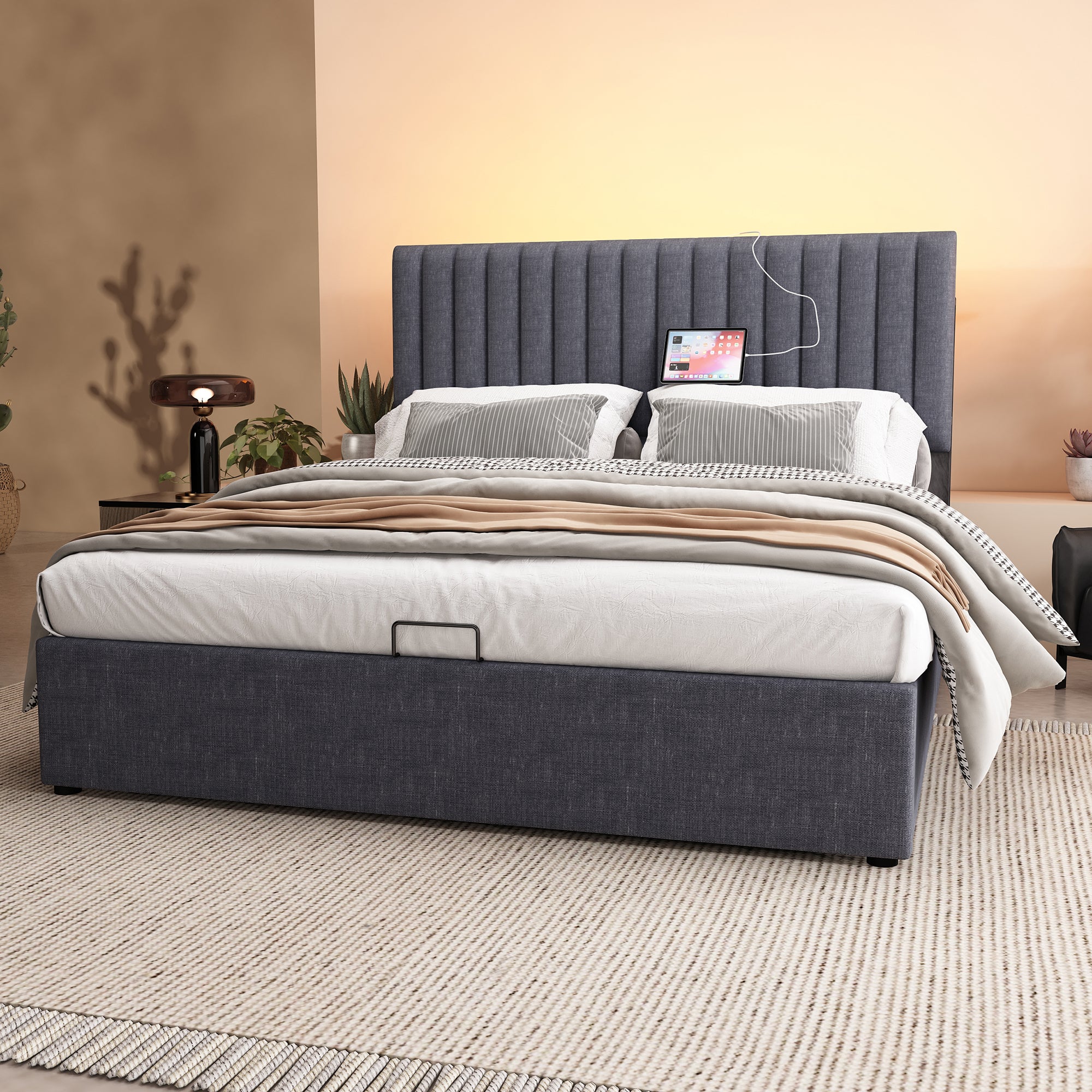 Logidon Upholstered Bed 160x200 cm Gray With Storage Space LED USB Type C
