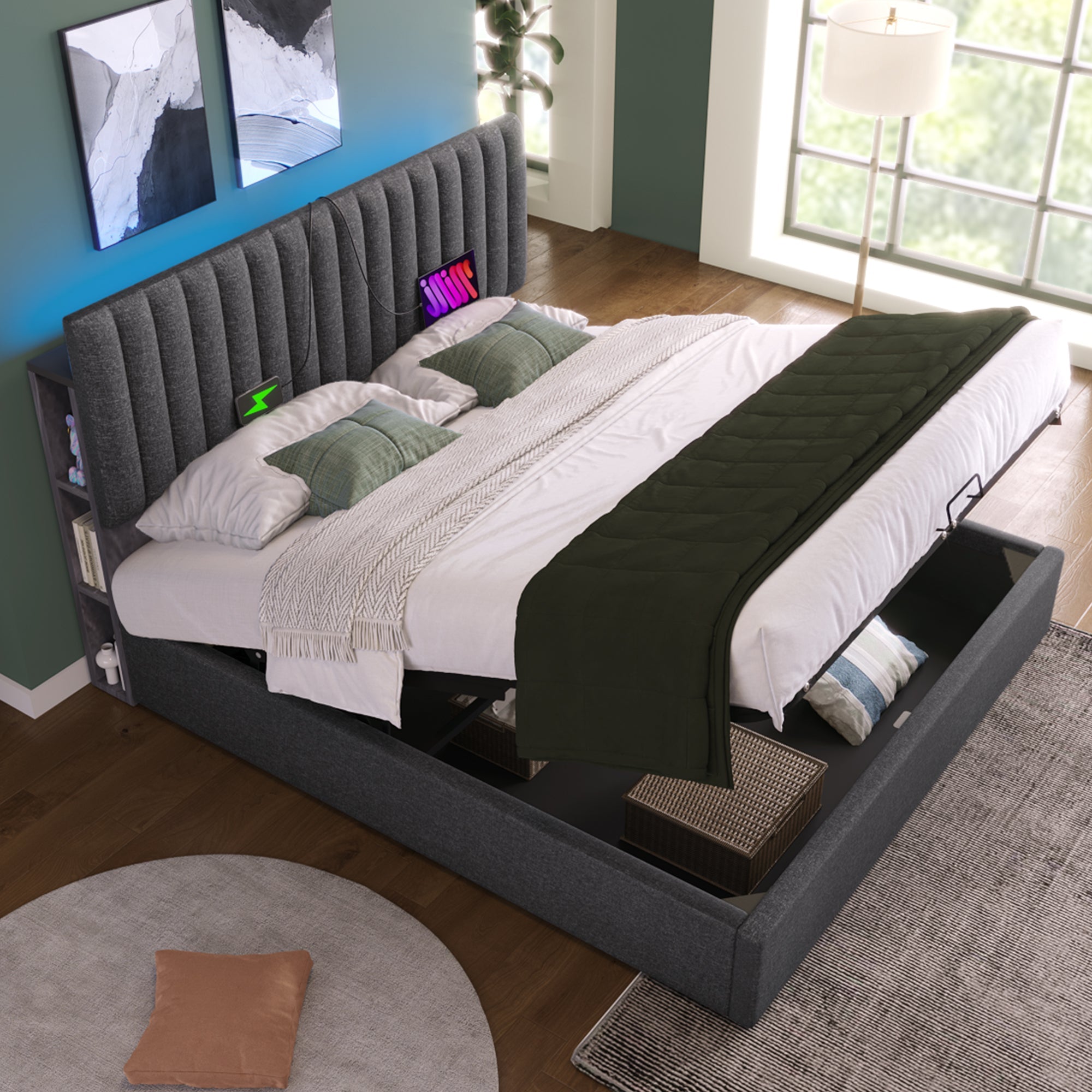 Logidon Upholstered Bed 160x200 cm Gray With Storage Space LED USB Type C