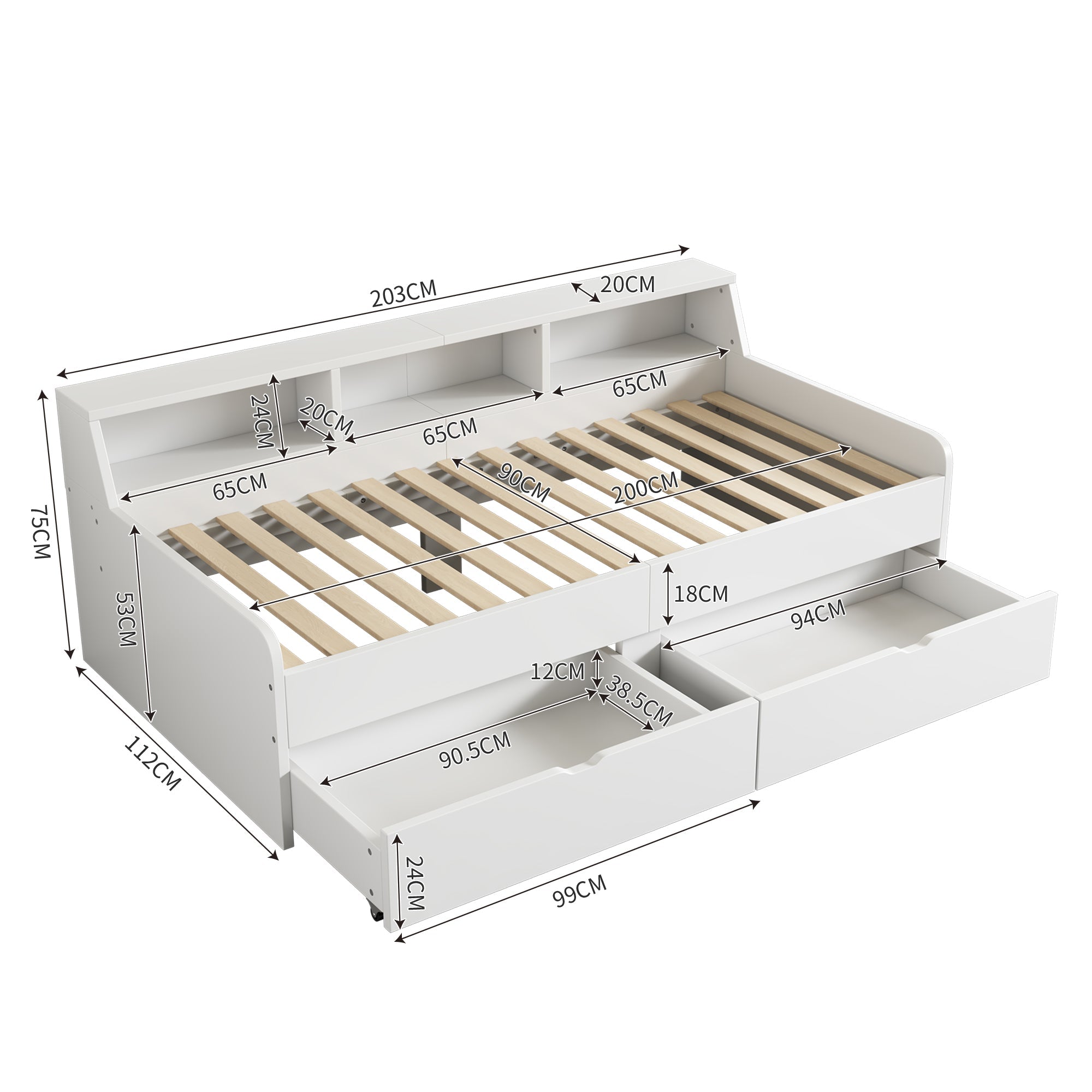 Logidon daybed 90x200 cm met opbergruimte en twee lades wit