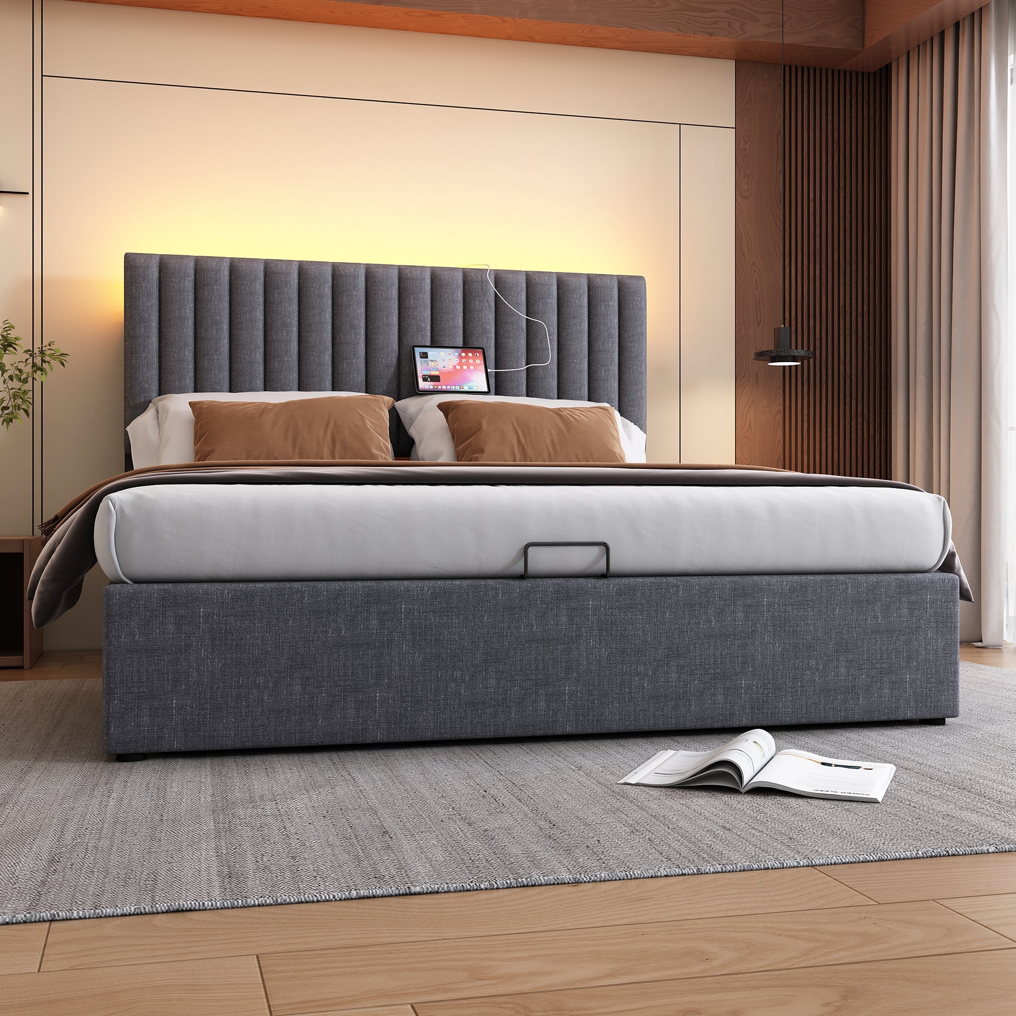 Logidon upholstered bed 160x200 cm LED headboard app control gray