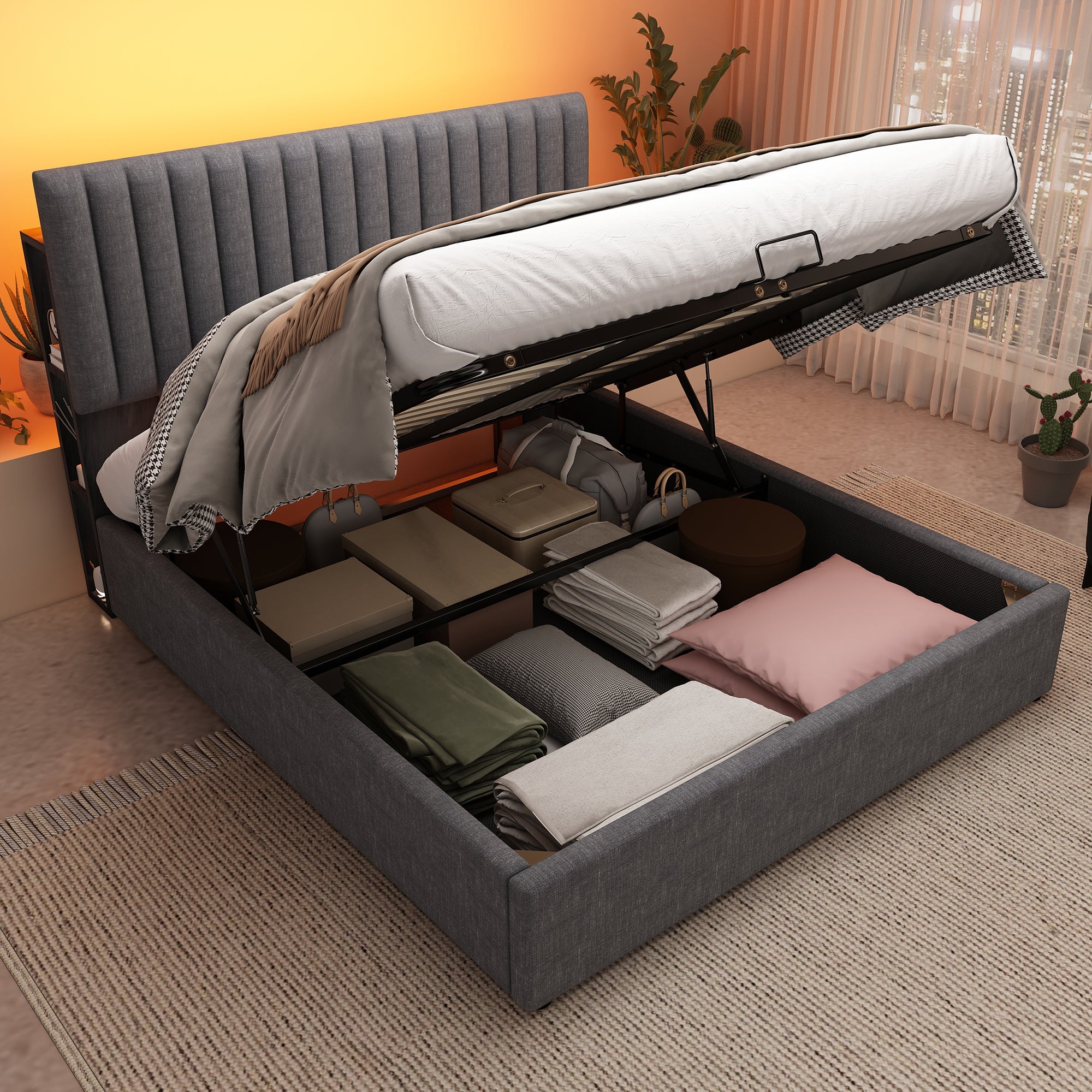 Logidon upholstered bed 160x200 cm LED headboard app control gray