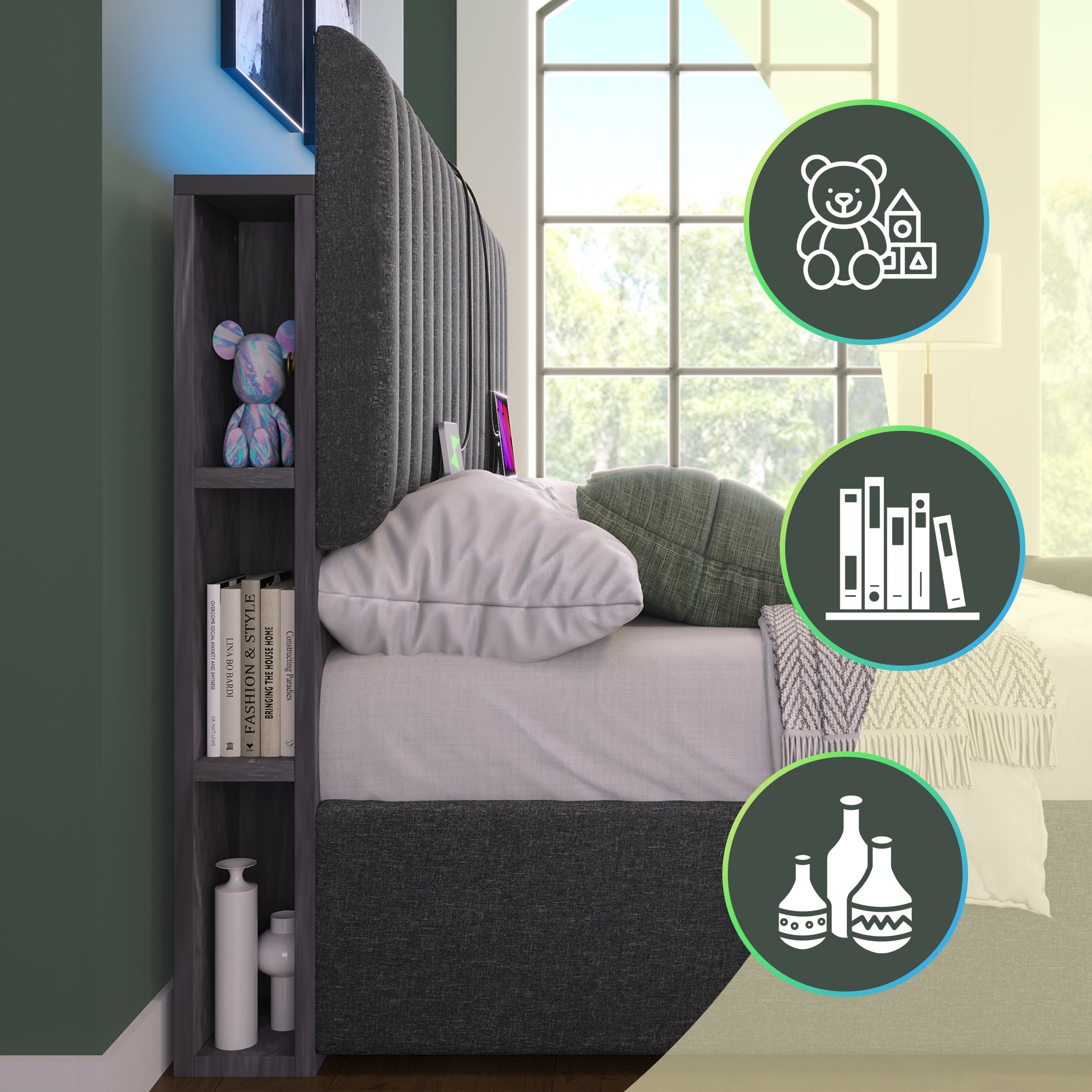 Logidon Upholstered Bed 160x200 cm Gray With Storage Space LED USB Type C