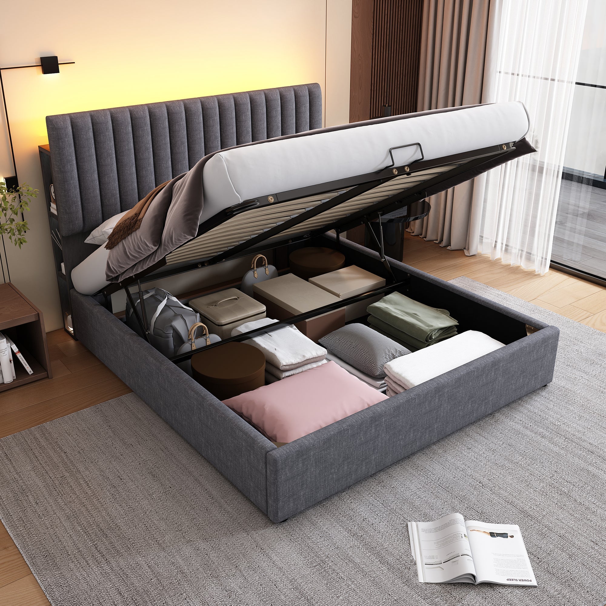Logidon Upholstered Bed 160x200 cm Gray With Storage Space LED USB Type C