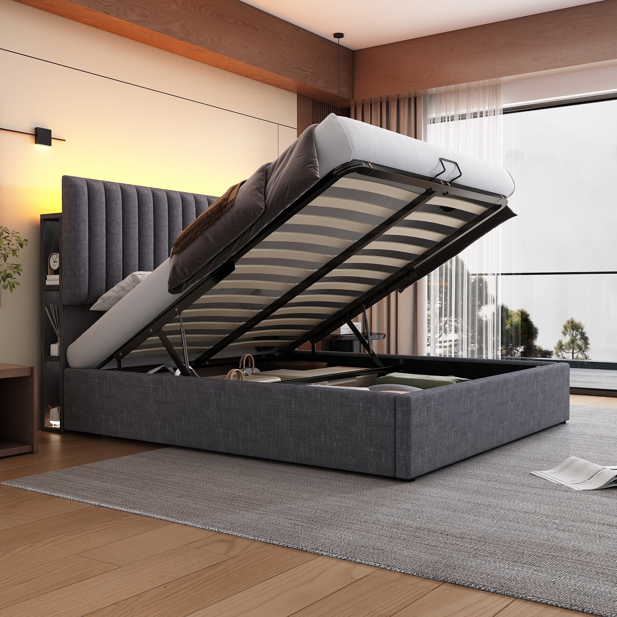 Logidon upholstered bed 160x200 cm LED headboard app control gray