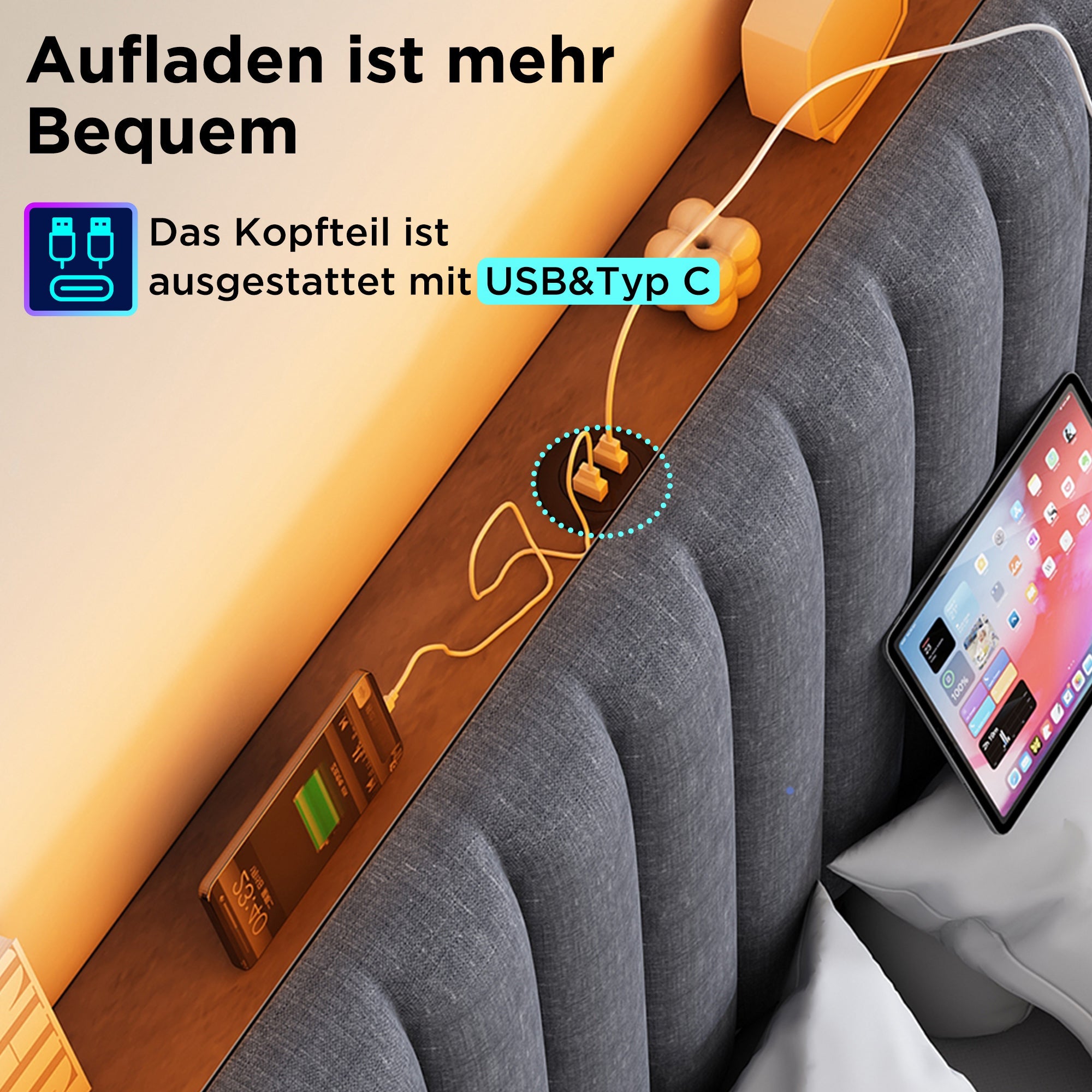 Logidon Upholstered Bed 160x200 cm Gray With Storage Space LED USB Type C