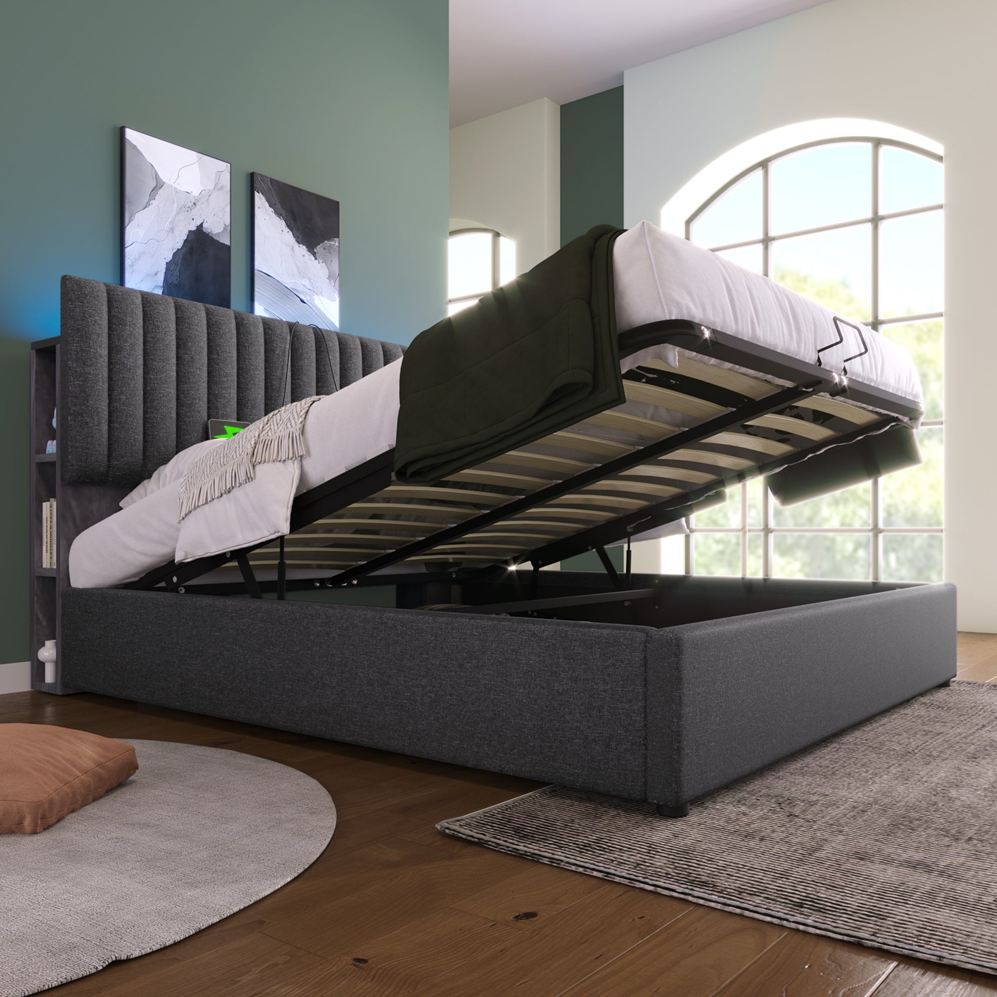 Logidon Upholstered Bed 160x200 cm Gray With Storage Space LED USB Type C